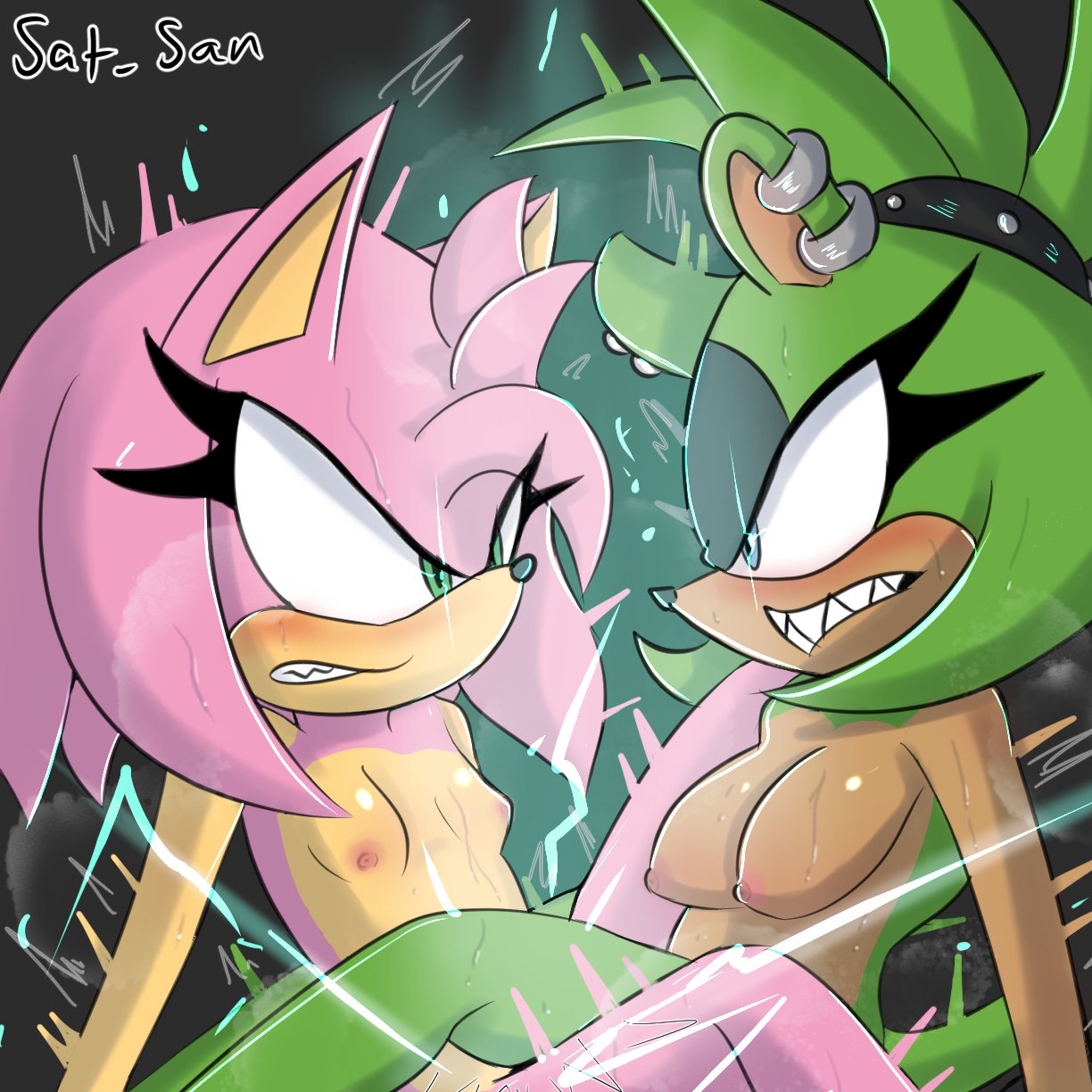 afrosoricid amy_rose angry angry_sex angry_tribadism anthro anthro_only artist_signature blush bodily_fluids breasts breath duo electricity electrostimulation eulipotyphlan eyelashes eyeliner eyeshadow female female/female female_only furry furry_only hedgehog hi_res idw_comics idw_publishing makeup mammal medium_breasts medium_hair mobian_(species) nipples nude panting piercing saturn_sand scissoring sega sex sharp_teeth small_breasts sonic_(series) sonic_the_hedgehog_(comics) sonic_the_hedgehog_(idw) sonic_the_hedgehog_(series) surge_the_tenrec sweat teeth tenrec tribadism vaginal_penetration yuri