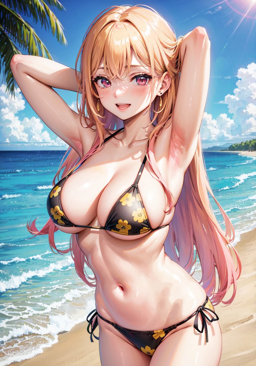 1girls, ai generated, armpits, arms behind head, beach, big breasts, bikini, blonde hair, breasts, busty, female, female only, hi res, kitagawa marin, large breasts, legs, long hair, navel, ocean, pink eyes, pose, posing, sexy armpits, solo, sono bisque doll wa koi wo suru, sweat, thighs, voluptuous, water