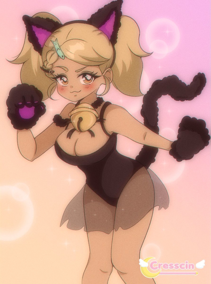 1girls :3 accessory bare_legs bell big_breasts breasts cat_costume cat_ears cat_gloves cat_paws cat_tail catgirl costume cresscin female gloves gold_eyes gold_hair golden_hair gyaru gyaruko pink_bitch_club questionable_clothing retro_artstyle solo solo_female vivinos youtube