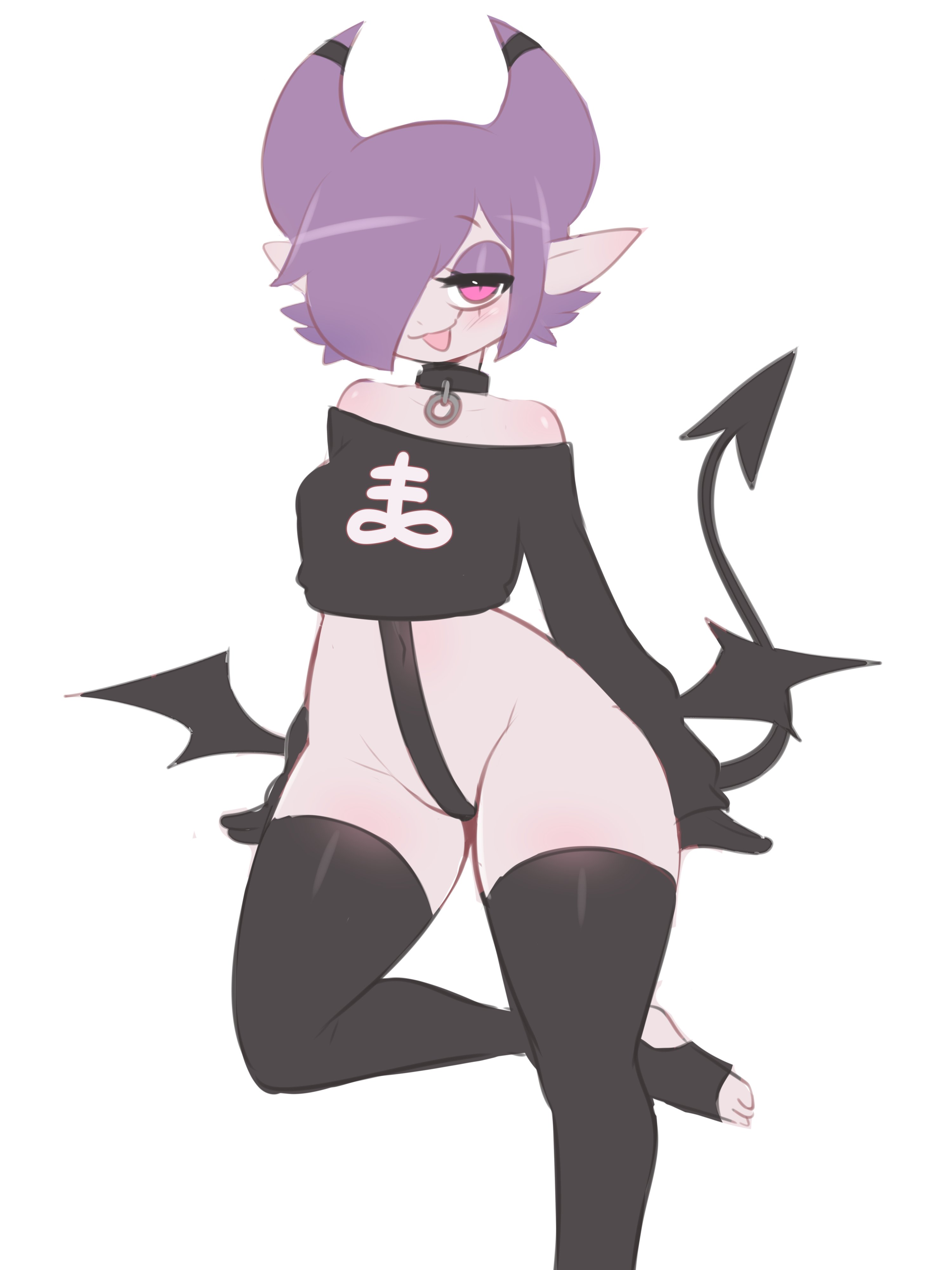 1girls, 2023, blush, collar, crop top, cropped sweater, demon, demon girl, demon tail, demon wings, eyeshadow, female, gloves, glowing eyes, grin, hair over one eye, hip wings, long gloves, navel, nocturnia, original, pale skin, pink eyes, pointy ears, purple hair, sataenart, short hair, skimpy, standing, stirrup legwear, succubus, sweater, tagme, tail, thighhighs, thighs, wings