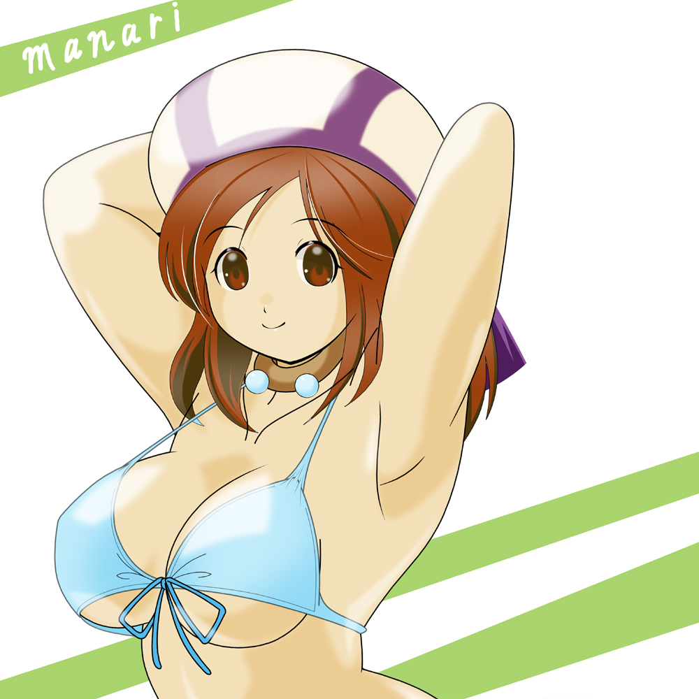 1girls armpits arms_behind_head big_breasts bikini bikini_top_only blue_bikini breasts brown_eyes brown_hair busty cleavage female female_only highres large_breasts looking_at_viewer manari pose posing samurai_shodown sensual sexy_armpits short_hair smile snk solo swimsuit