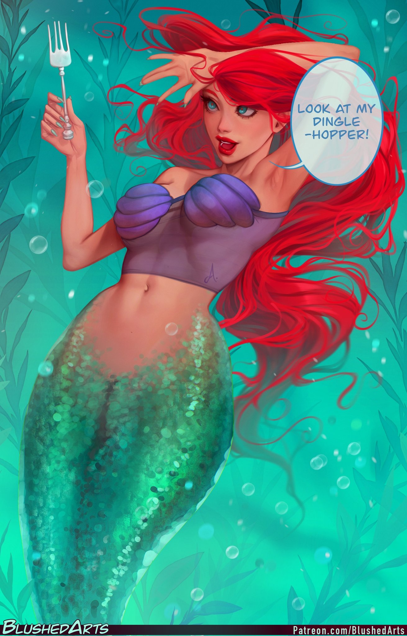 1girls ariel blushedarts curvy curvy_body curvy_figure dblushed disney disney_princess english_text female_only mermaid mermaid_girl mermaid_tail princess red_hair redhead royalty solo_female solo_focus the_little_mermaid underwater voluptuous