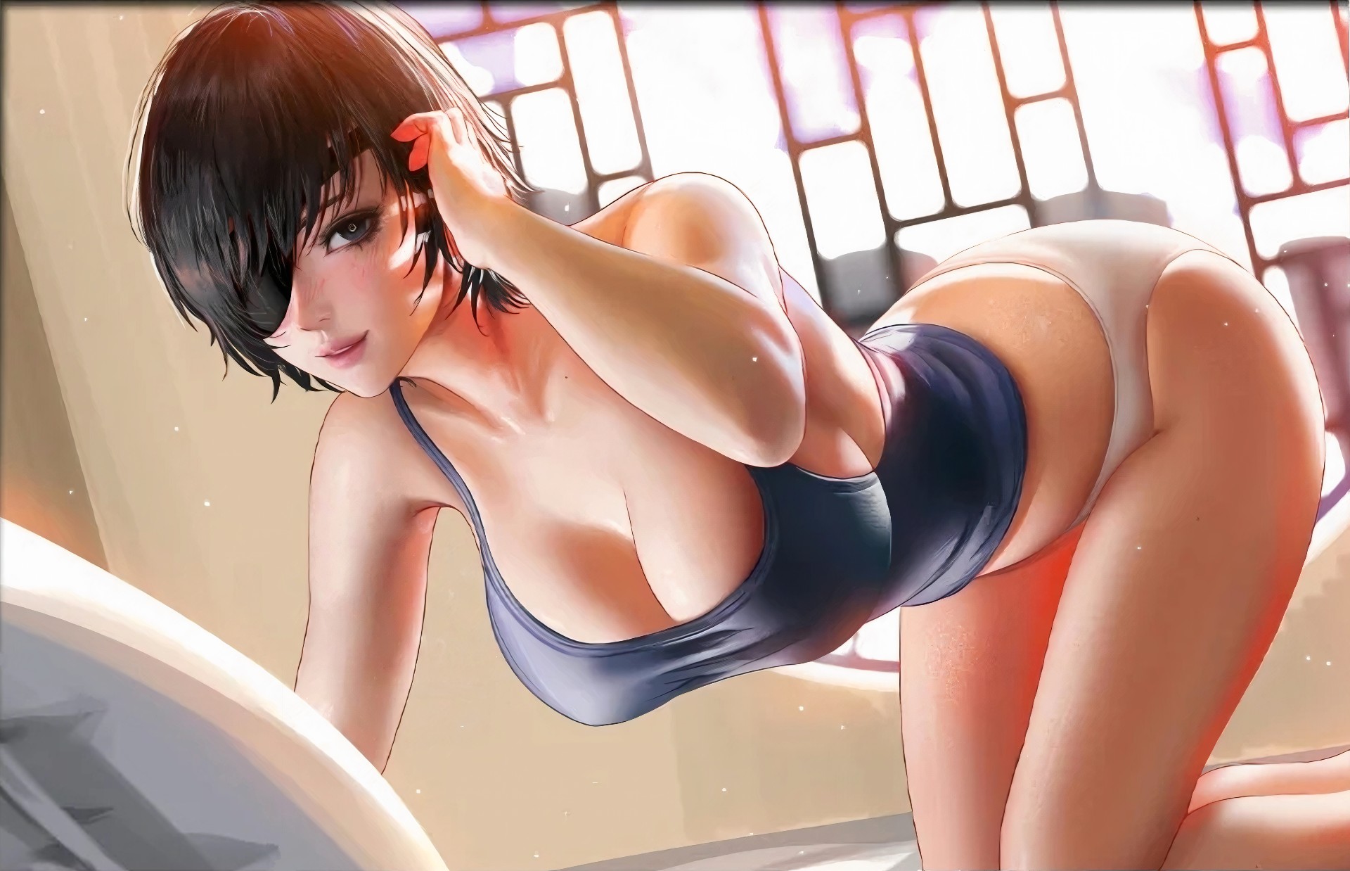 anime, black hair, boobs and butt pose, breasts, chainsaw man, eyepatch, female, himeno (chainsaw man), zettai ryouiki