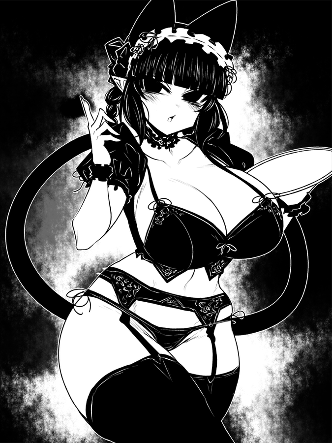 big breasts, blush, breasts, cat ears, choker, female, garter belt, garter straps, ginku mh, holding object, lingerie, maid headdress, pointy ears, rin kaenbyou, tail, thighhighs, touhou