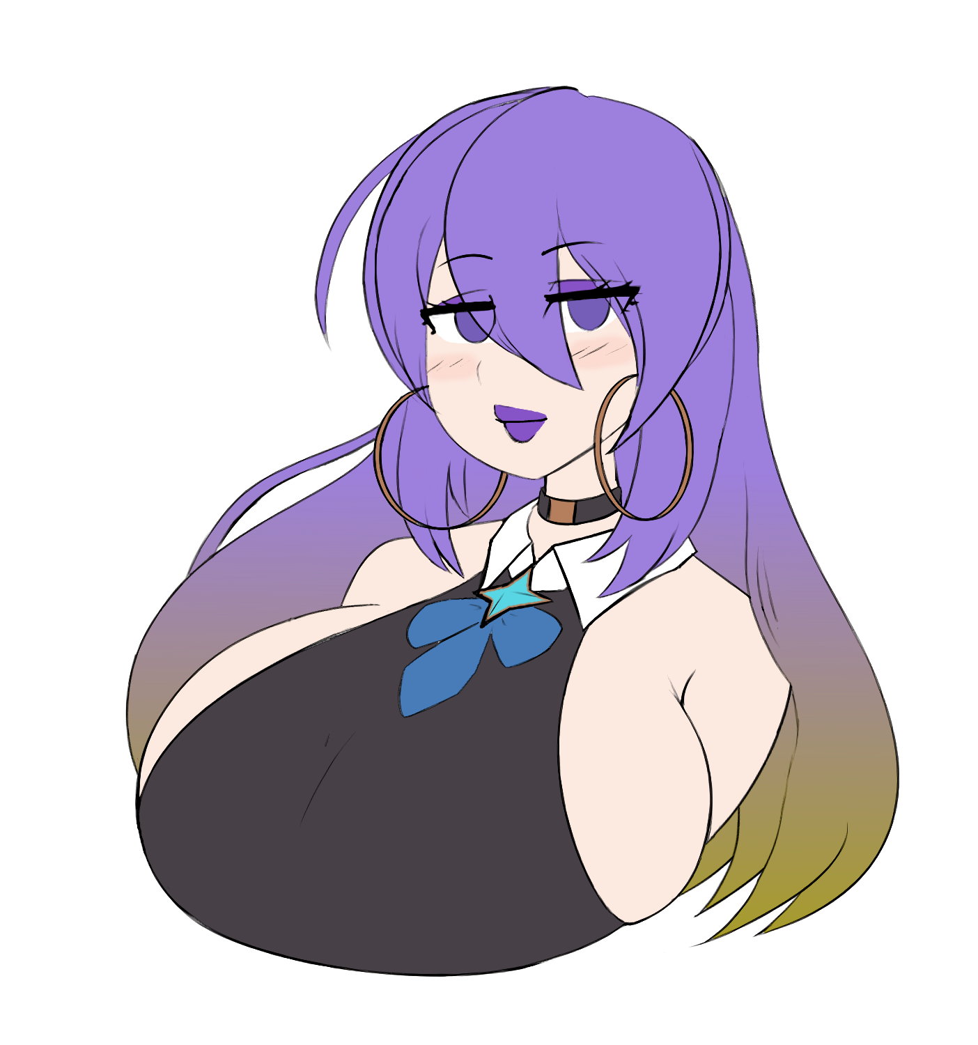 1girls, bimbo, bimbofication, blush, breasts, choker, earrings, edit, edited, female, gradient hair, hololive, hololive indonesia, hololive indonesia area 15, hoop earrings, hoop earrings oversized, huge breasts, large breasts, lips, lipstick, moona hoshinova, purple hair, sealguy, solo, solo female, solo focus, upscaled, virtual youtuber, white background