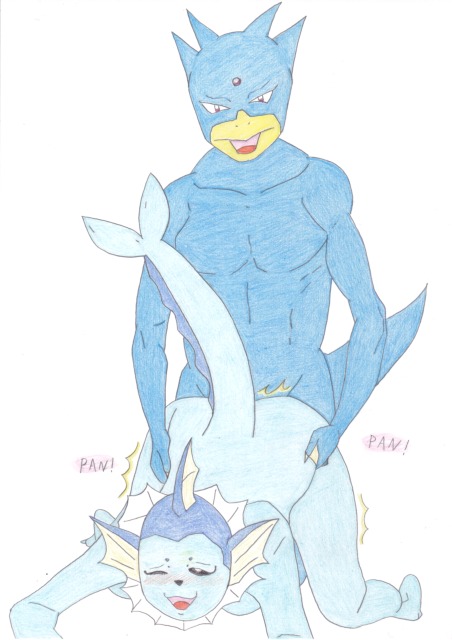 blue_body duo eeveelution face_down_ass_up female generation_1_pokemon golduck ihouji male male/female male_penetrating muscular_male nintendo nude open_mouth penetration pokemon pokemon_(species) simple_background traditional_media_(artwork) vaporeon white_background