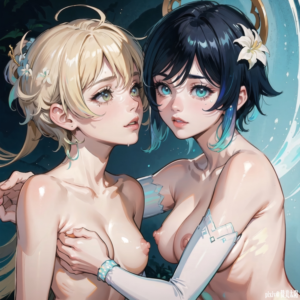 2girls, ai generated, ai hands, areolae, breasts, cleavage, earring hole, female, female only, genderswap, genderswap (mtf), genshin impact, lumine (genshin impact), nipples, rule 63, venti (genshin impact), voluptuous, yuri, zanmei taiyang