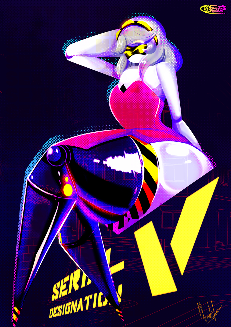 1girls, big thighs, crisfer12, dress, female focus, female only, grey hair, hand on head, murder drones, red dress, robot, robot girl, solo female, solo focus, thick thighs, thighs, v (murder drones), yellow eyes
