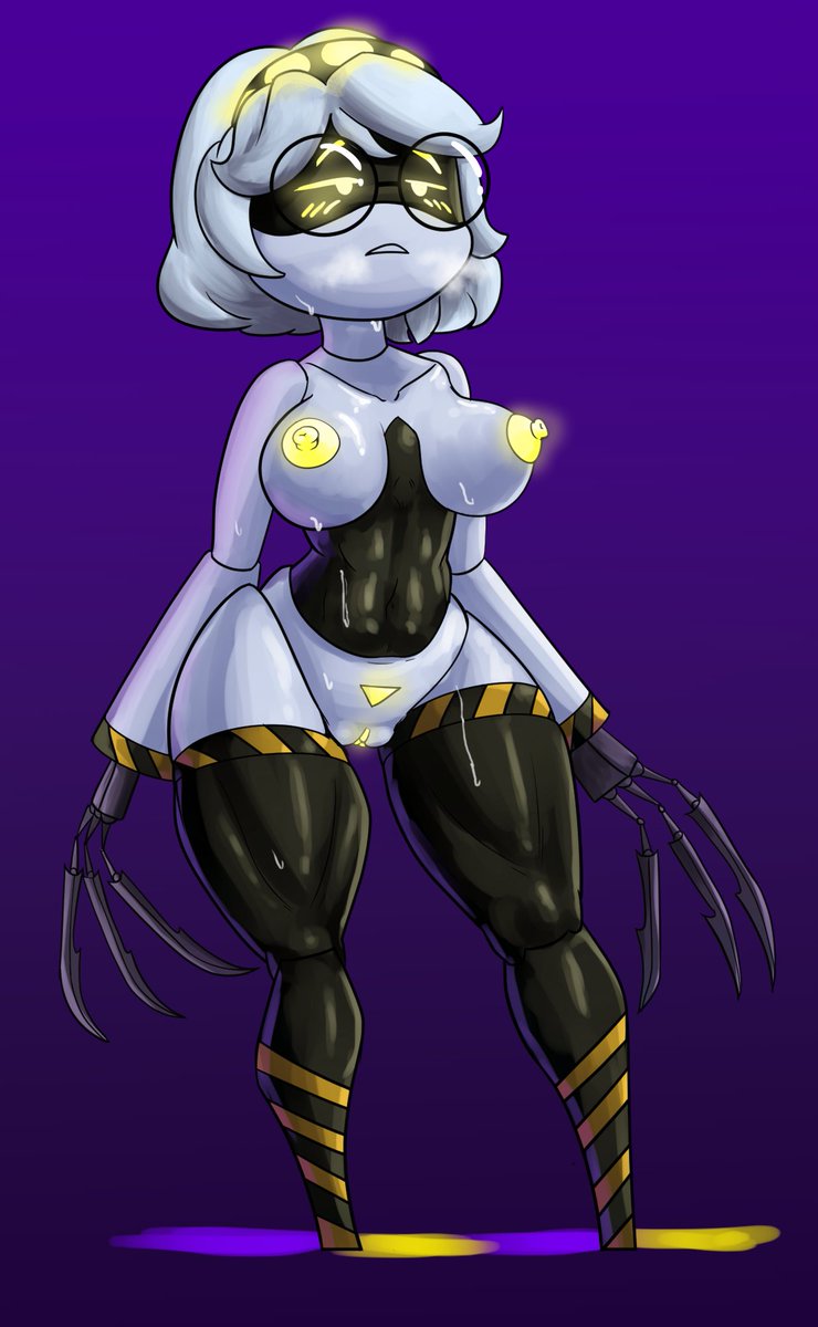 1girls, blushing, breasts, claws, female focus, female only, glasses, grey hair, murder drones, purple background, pussy, skeletonkid5, solo female, solo focus, v (murder drones), yellow breasts, yellow eyes