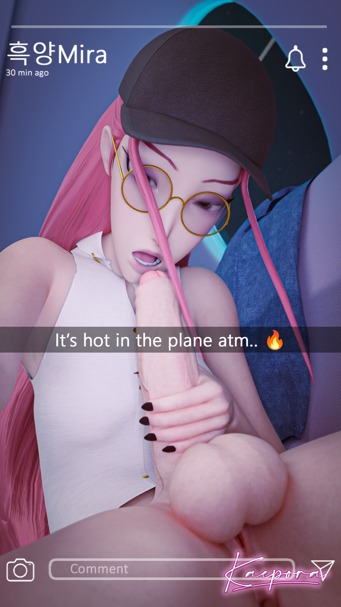 1futa, 3d, 3d (artwork), anus, asian, asian futa, autofellatio, balls, baseball cap, black nails, cock, english, english text, flexible, foreskin, full-package futa, futanari, glasses, imminent autofellatio, kaepora (artist), kpop demon hunters, mira (kpop demon hunters), partially retracted foreskin, penis, pink hair, selfsuck, snapchat, uncircumcised