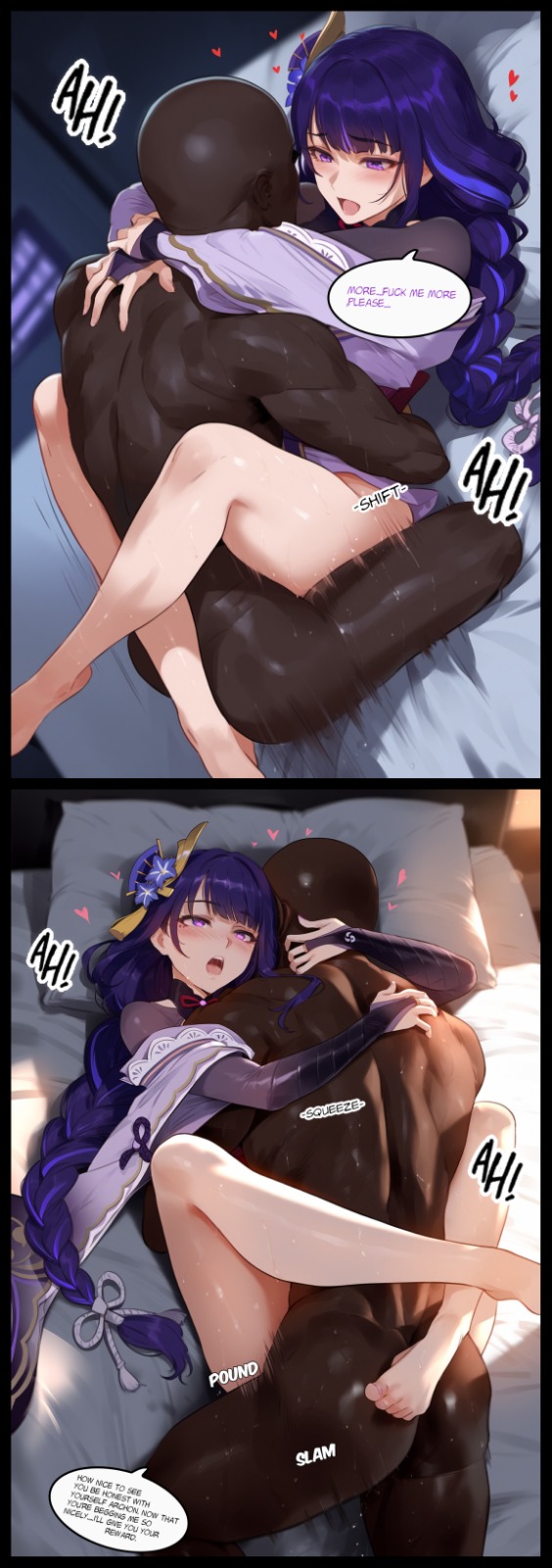 ai generated, bed, comic, dark-skinned male, genshin impact, hugging, light-skinned female, muscular male, penetration, raiden shogun, samsara ai, text