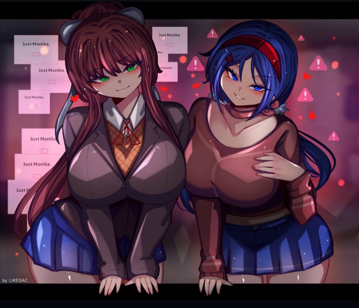 2girls, anime, crazy mita (miside), ddlc, doki doki literature club, female only, heart symbol, likesac, looking at viewer, miside, mita (miside), mita-chan, monika (doki doki literature club), seductive look, two girls, video game, waifu