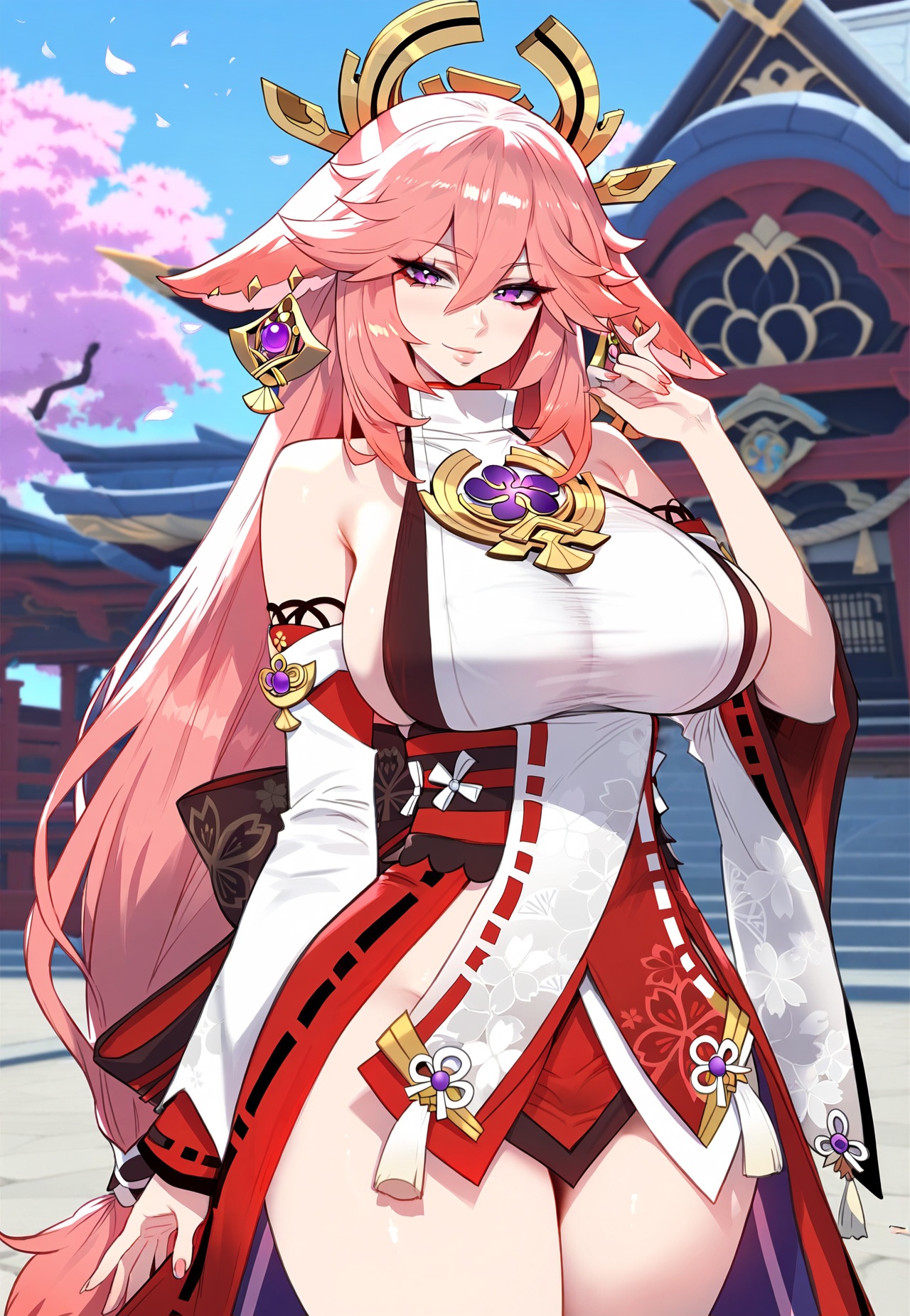 1girls, ai generated, big breasts, female, female focus, female only, floox, genshin impact, huge breasts, large breasts, pink hair, purple eyes, shoulders, shrine, shrine maiden, sideboob, thick thighs, yae miko