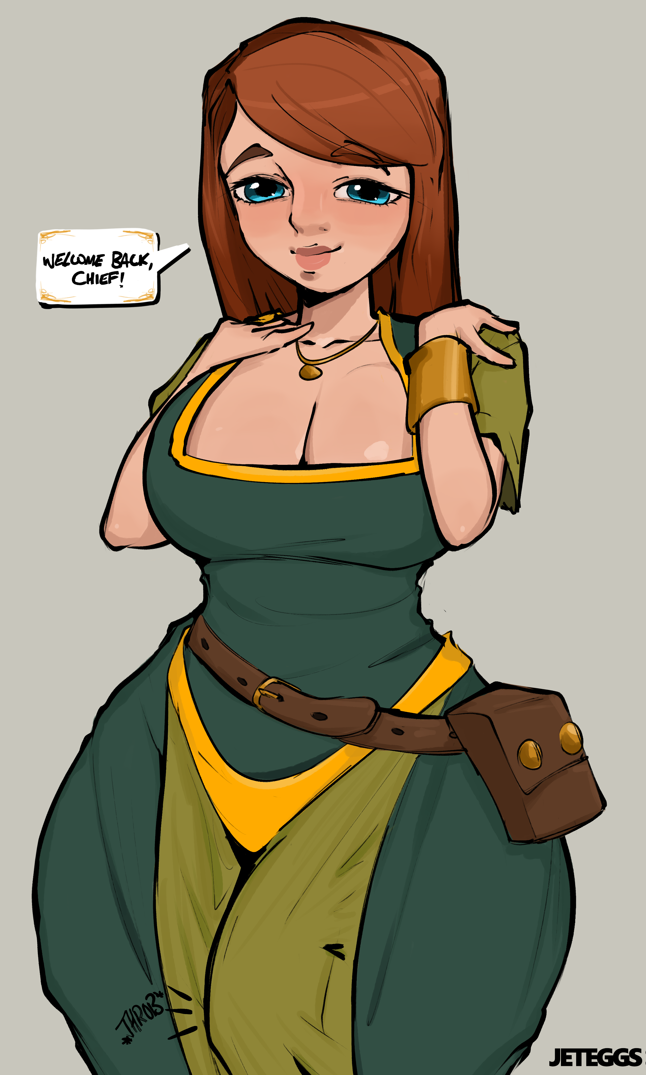 1futa, bag, blue eyes, blush, clash (series), clash of clans, english text, erection under clothes, futanari, ginger, hands on shoulders, hourglass figure, jeteggs, jewelry, large breasts, large thighs, red hair, small waist, smile, solo futa, speech bubble, supercell, talking, talking to viewer, thick, thick thighs, tunic, villager (clash of clans), voluptuous, wristband