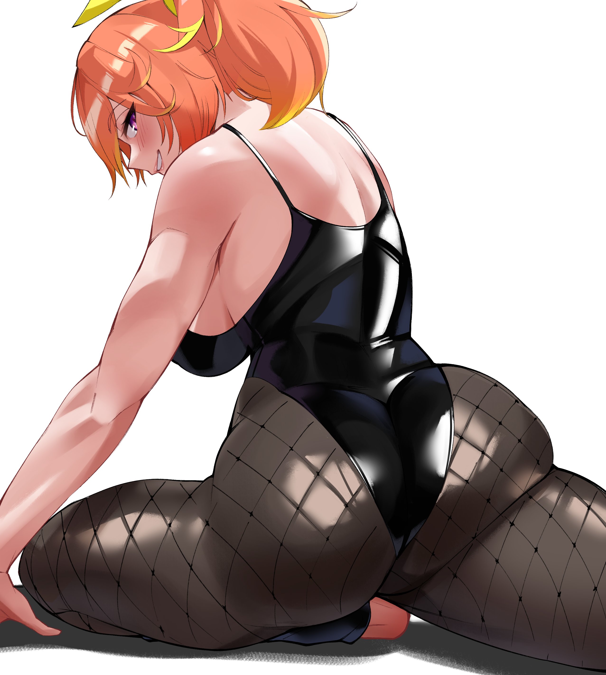 1girl, 1girls, ass, back, bare shoulders, big ass, big breasts, blush, breasts, clarkekitsp, female, female only, fishnet legwear, fishnet pantyhose, fishnets, flexible, from behind, grin, hololive, hololive english, large breasts, leotard, looking at viewer, looking back, orange hair, pantyhose, pink eyes, purple eyes, short hair, solo, stretch, takanashi kiara, takanashi kiara (fever night), tank top, virtual youtuber, white background
