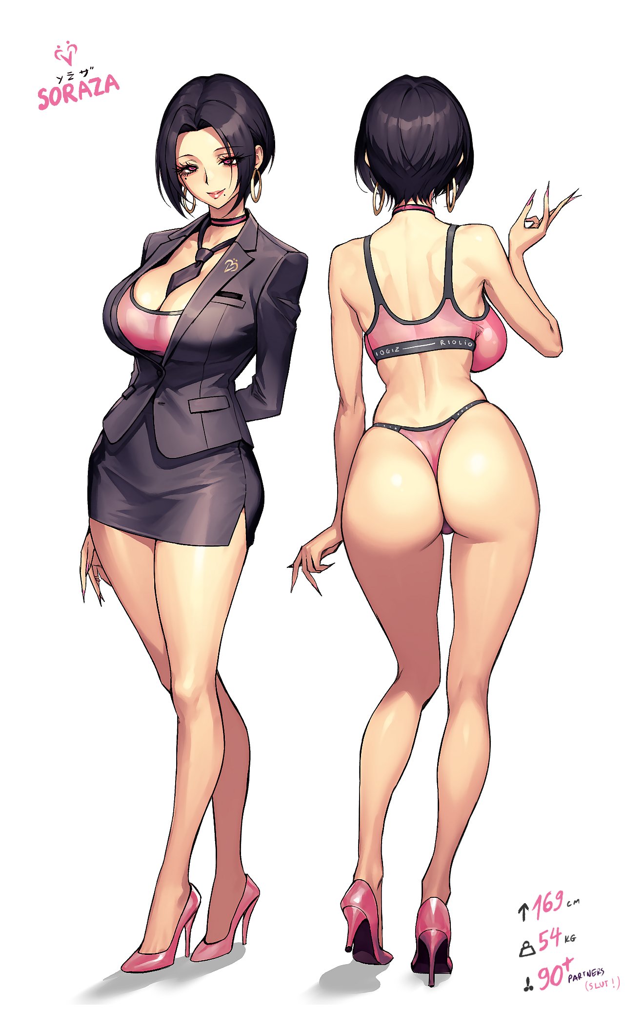 1girls, asian, asian female, back view, black hair, bob cut, cleavage, cleavage cutout, earrings, front view, full lips, high heels, hourglass figure, large ass, large breasts, light-skinned female, lingerie, lingerie bra, lingerie only, lingerie panties, oc, office lady, pencil skirt, rioliogiz, sideboob, skirt, slim waist, smiling, smiling at viewer, solo, soraza, suit, suit and tie, tagme, thick hips, thick thighs, tie, white background, wide hips
