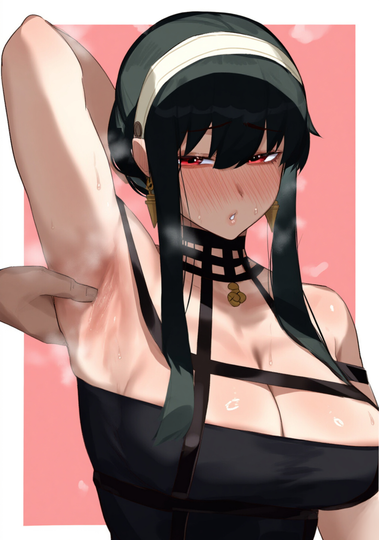 1boy, 1girls, arm up, armpit focus, armpits, bare shoulders, big breasts, black dress, black hair, blush, border, breasts, cleavage, collarbone, commentary, dress, earrings, english commentary, female, hair between eyes, hairband, highres, jewelry, large breasts, lips, looking at viewer, parted lips, pink background, presenting armpit, red eyes, sidelocks, simple background, smelly armpits, solo focus, spy x family, steaming body, sweat, sweatdrop, sweaty armpits, thorn princess, timruya, upper body, white border, white hairband, yor briar, yor forger