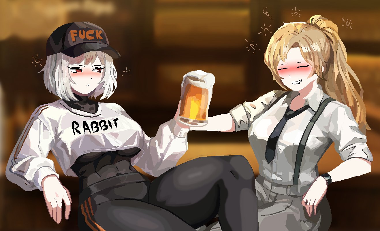 2girls, abs, bar, bar (place), bar counter, beer, beer glass, beer mug, big breasts, breasts, library of ruina, myo (lobotomy corporation), olga (library of ruina), paul camadonnas, project moon, tagme, thick, thick hips, thick legs, thick thighs, thighs