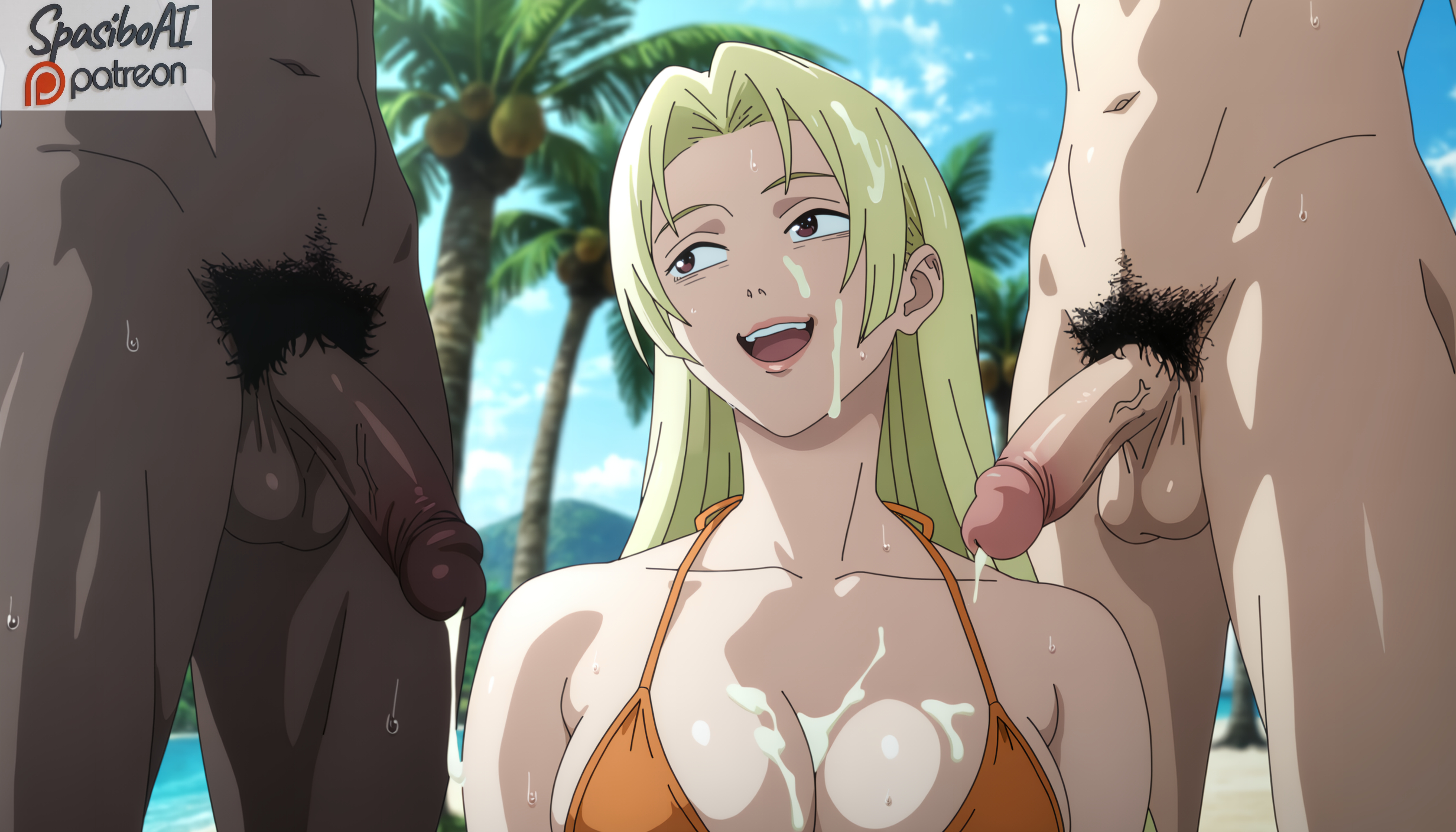 1girls, 2boys, accurate art style, after fellatio, ai generated, beach, bikini, bikini top, blonde hair, breasts, cum, cum on breasts, dark-skinned male, female, flaccid, grin, interracial, jjk, jujutsu kaisen, large penis, looking at penis, mature female, mmf threesome, open mouth, orange bikini, outdoors, penis, sky, smirk, spasibo15, sunlight, testicles, upper body, yuki tsukumo
