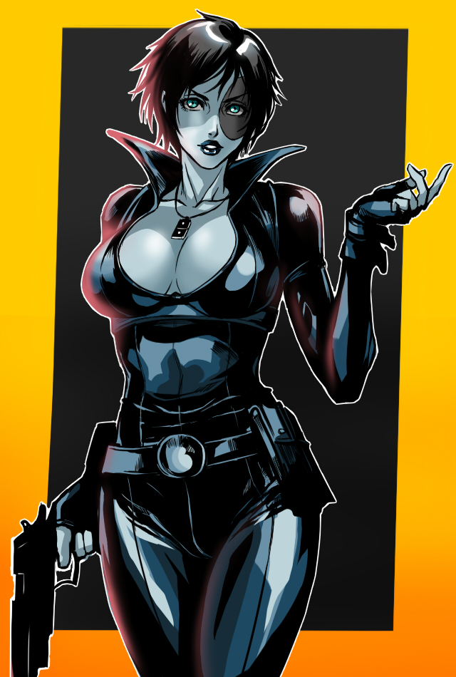 1girls, belt, big breasts, black clothing, black hair, black lips, blue eyes, breasts, cleavage, collarbone, domino (marvel), eyelashes, female, female focus, female only, fingerless gloves, gloves, gun, handgun, holding gun, holding weapon, homo superior, jewelry, marvel, marvel comics, mutant, necklace, neena thurman, parted lips, pistol, shibusun, short hair, simple background, skin tight, standing, superheroine, tight clothes, tight clothing, tight fit, weapon, white skin, x-force, x-men