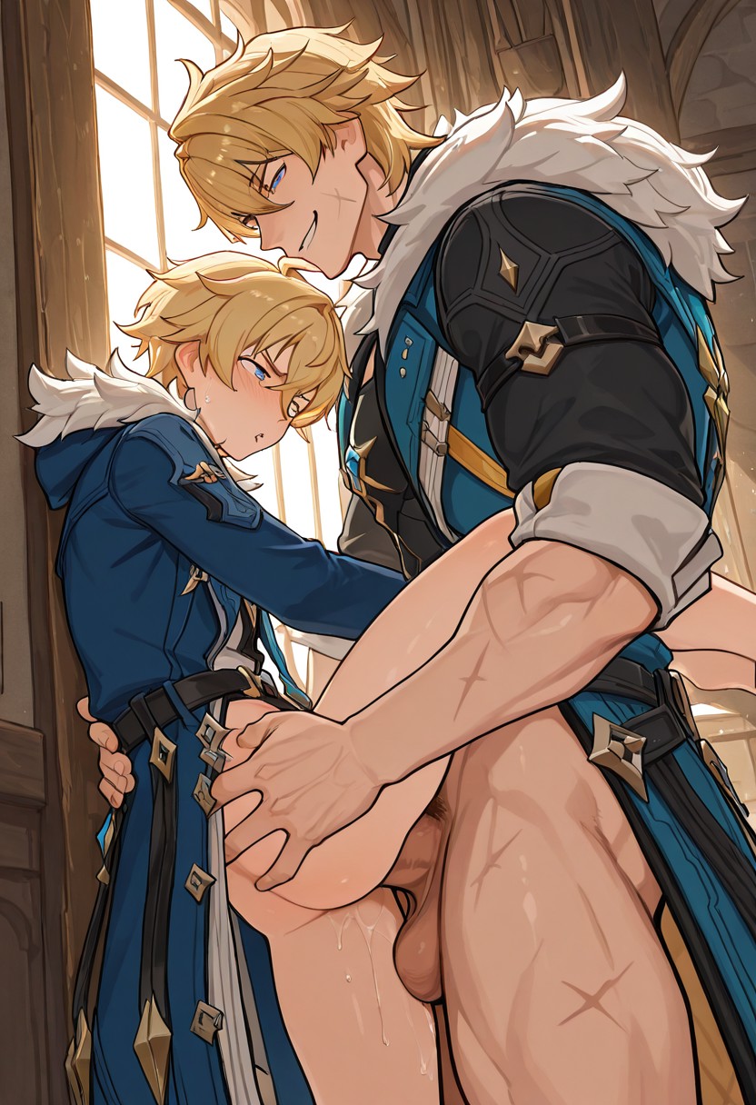 age difference, age gap, ai generated, dilf, gay, genshin impact, male, male only, mika (genshin impact), penetration, sex, size difference, teenager, twink, varka (genshin impact)