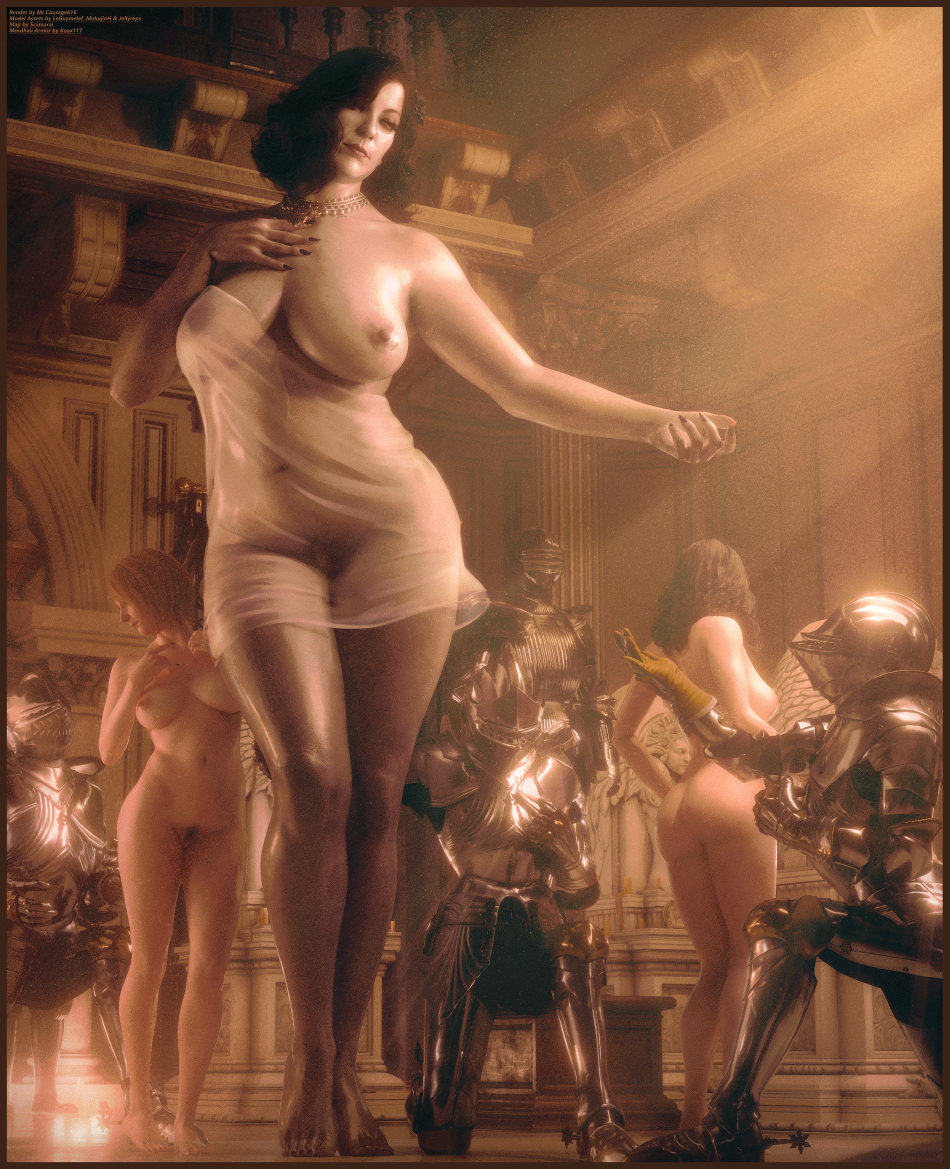 1girls, 3d, 3d (artwork), 3girls, alcina dimitrescu, bela (resident evil), big breasts, blender, cassandra (resident evil), hi res, huge breasts, larger female, milf, mrcourage616, resident evil, resident evil 8: village, taller female