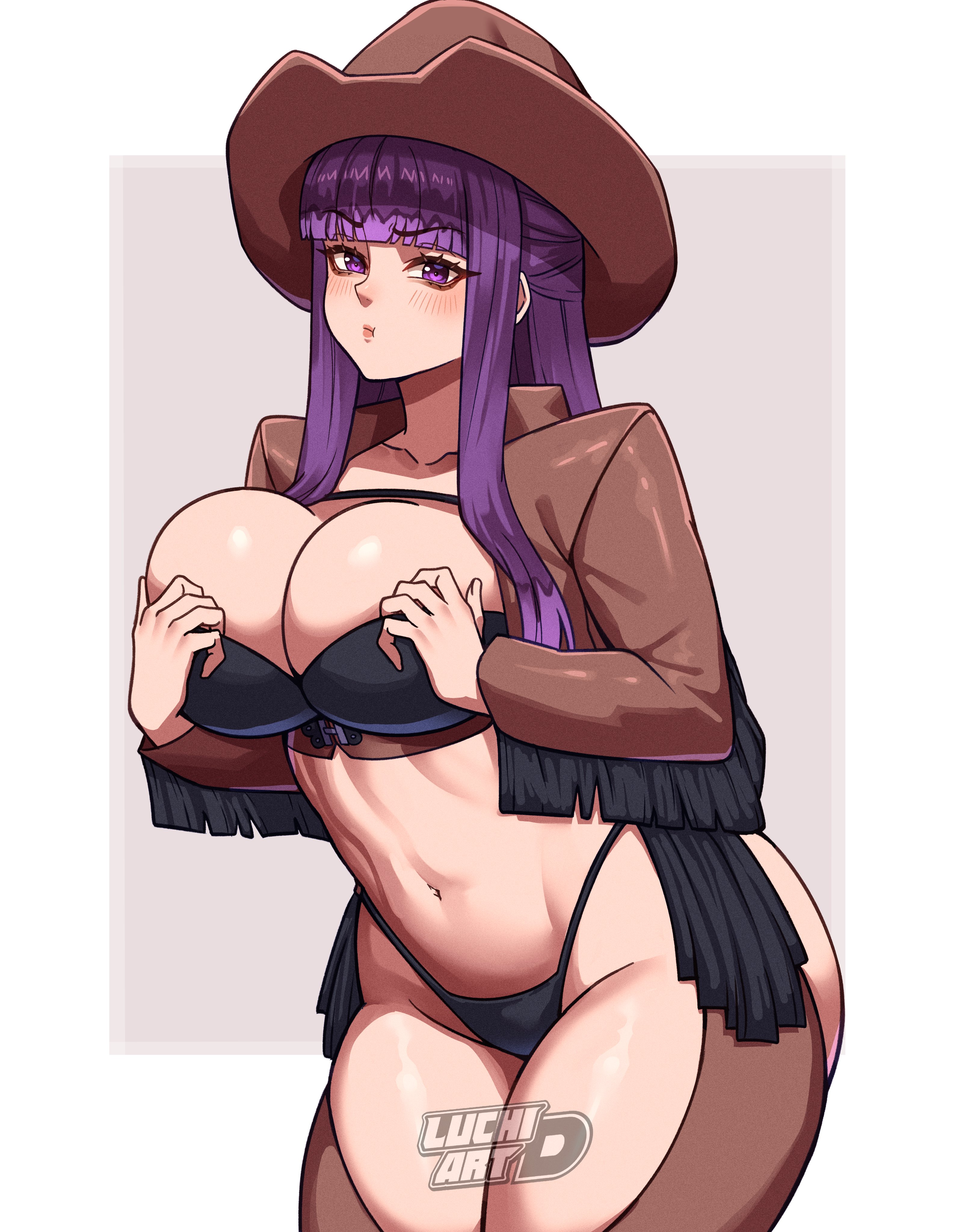 1girls, bangs, big breasts, blunt bangs, breasts, cleavage, collarbone, cowgirl, eyebrows visible through hair, female, female only, fern (sousou no frieren), hat, jacket, long hair, long sleeves, looking at viewer, luchidart, navel, panties, purple eyes, purple hair, solo, sousou no frieren, striped, tagme, thick thighs, thighs, underwear