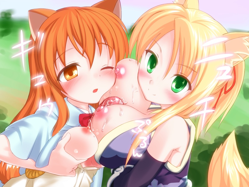 2girls animal_ears artist_request blonde_hair blush breasts character_request clothing dog_days dog_ear female fox_ear fox_tail green_eyes large_breasts long_hair male multiple_girls nipples orange_hair paizuri penis ricotta_elmar straight tail threesome uncensored wince yukikaze_panettone