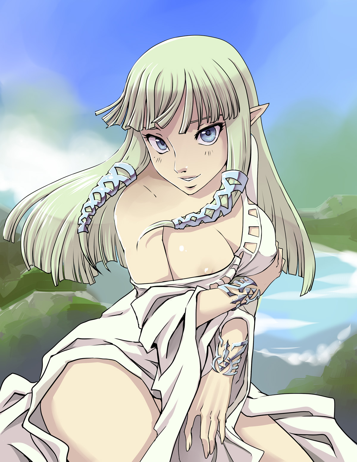 areola slip, bangs, blonde hair, blue eyes, bracer, breasts, dress, female, glancereviver, goddess, hair tubes, highres, hylian, nintendo, nipples, off shoulder, outdoors, pointy ears, princess zelda, sidelocks, skyward sword, smile, solo, the legend of zelda, triforce, white dress, zelda (skyward sword)