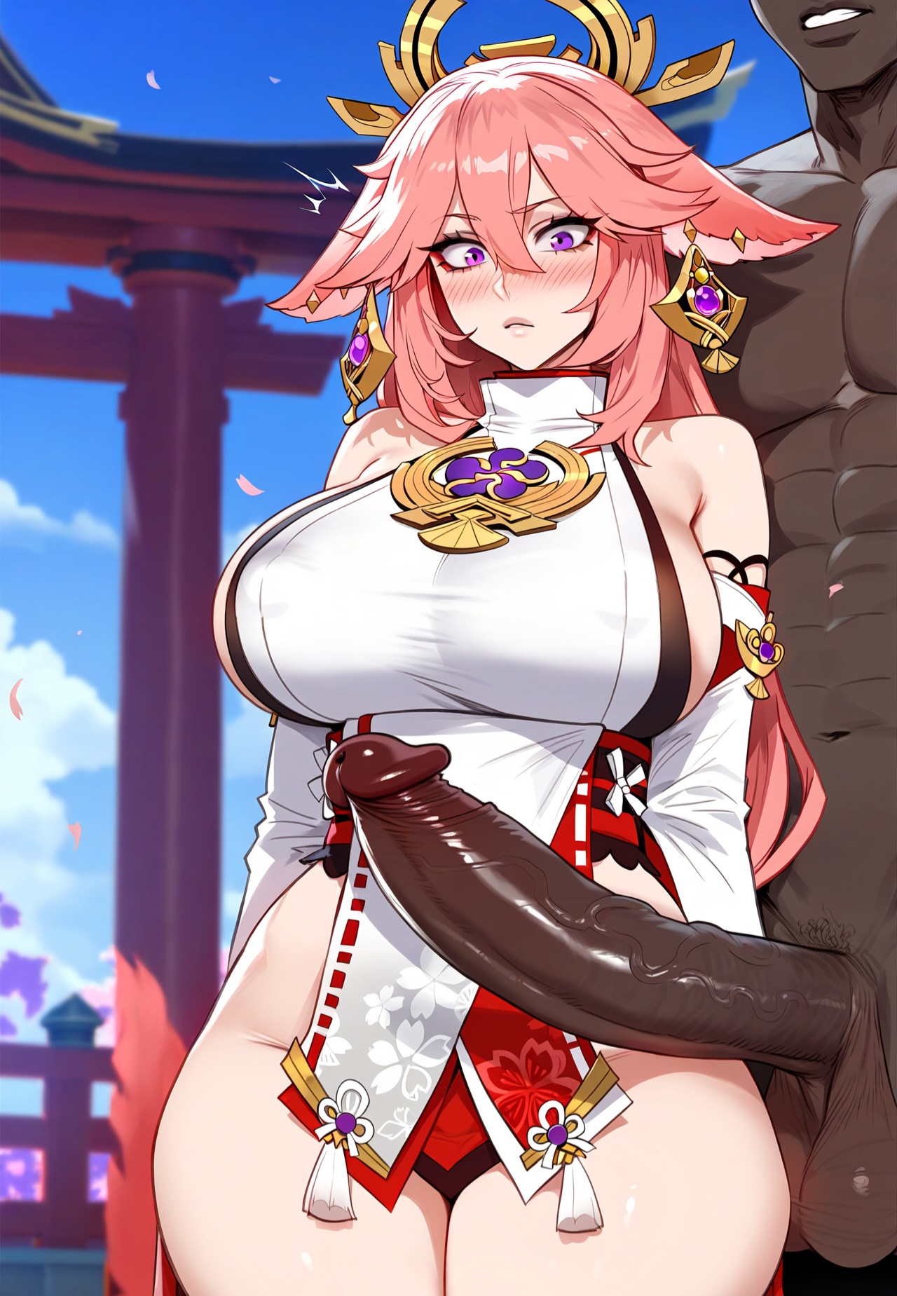 1boy, 1boy1girl, 1girl1boy, 1girls, ai generated, animal ears, big breasts, big penis, blush, dark-skinned male, female, floox, genshin impact, huge breasts, huge cock, imminent oral, imminent sex, interracial, kitsune, large breasts, large penis, light-skinned female, shrine maiden, voluptuous, voluptuous female, yae miko