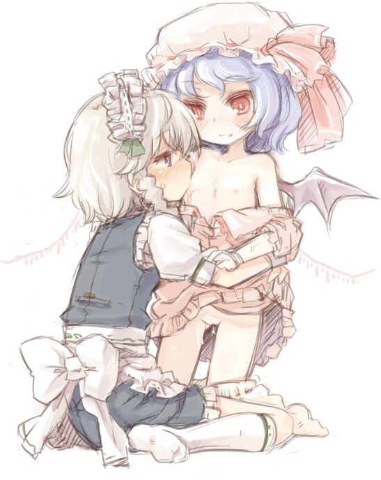 7010 back bat_wings blouse blue_eyes blue_hair blush braid breast_sucking clothes dress_lift female multiple_girls open_clothes open_dress pussy_juice remilia_scarlet sakuya_izayoi saliva short_hair silver_hair smile top_down touhou yuri