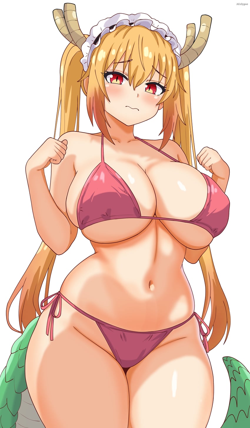 1girls, bikini, blonde hair, blush, breasts, cleavage, dragon girl, dragon horns, dragon tail, eclypse, horns, kobayashi-san chi no maidragon, large breasts, long hair, looking at viewer, maid headdress, navel, pink bikini, red eyes, simple background, solo, swimsuit, tail, thick thighs, thighs, tohru (dragon maid), twintails, white background
