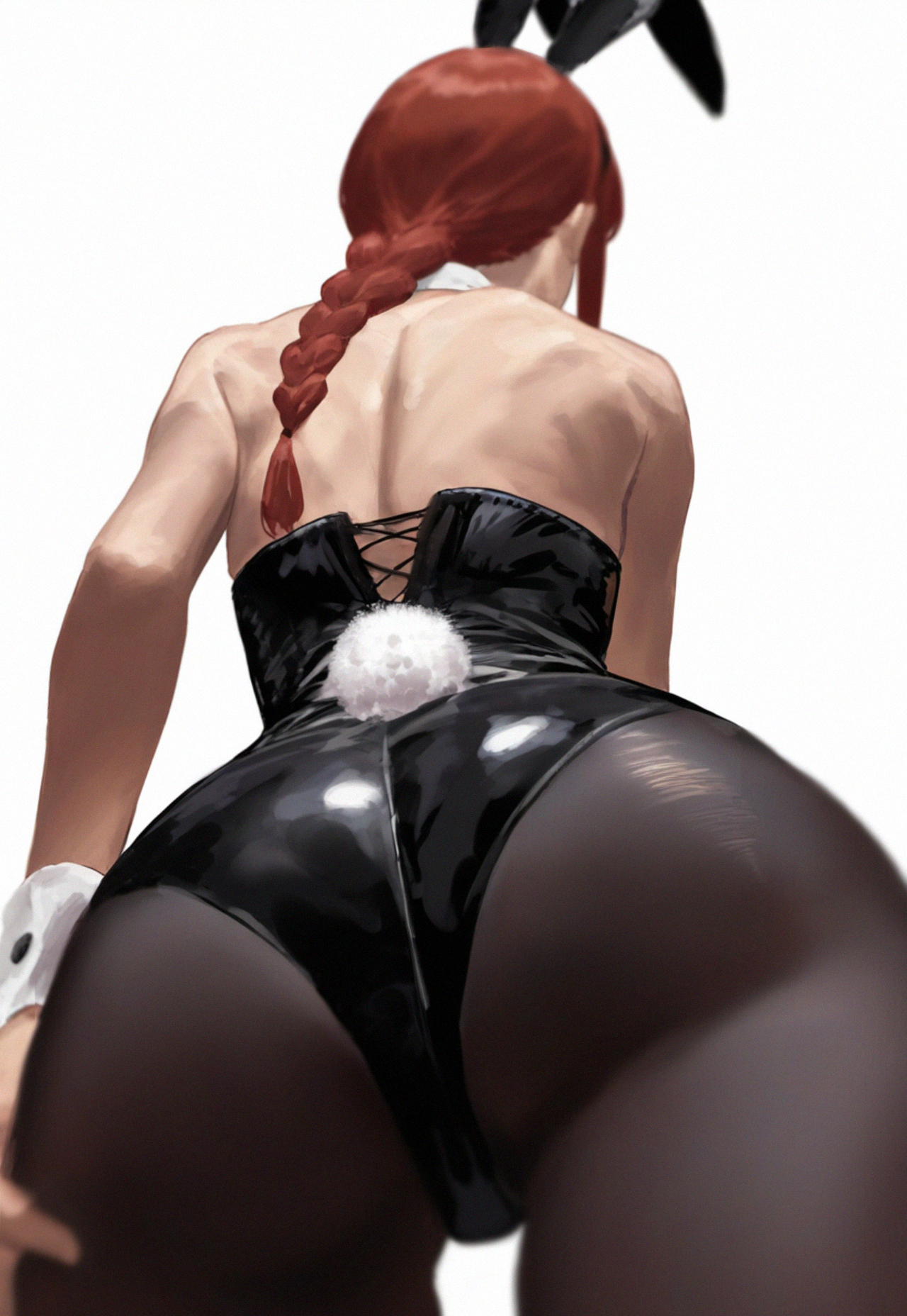 1girls, animal ears, ass, ass focus, bad id, bad pixiv id, bare shoulders, black leotard, braid, braided ponytail, brown pantyhose, chainsaw man, commentary, detached collar, english commentary, facing away, fake animal ears, fake tail, female, female only, from behind, from below, highres, leotard, makima (chainsaw man), median furrow, pantyhose, rabbit ears, rabbit tail, red hair, sidelocks, simple background, single braid, solo, standing, strapless, strapless leotard, tail, timruya, white background, wrist cuffs