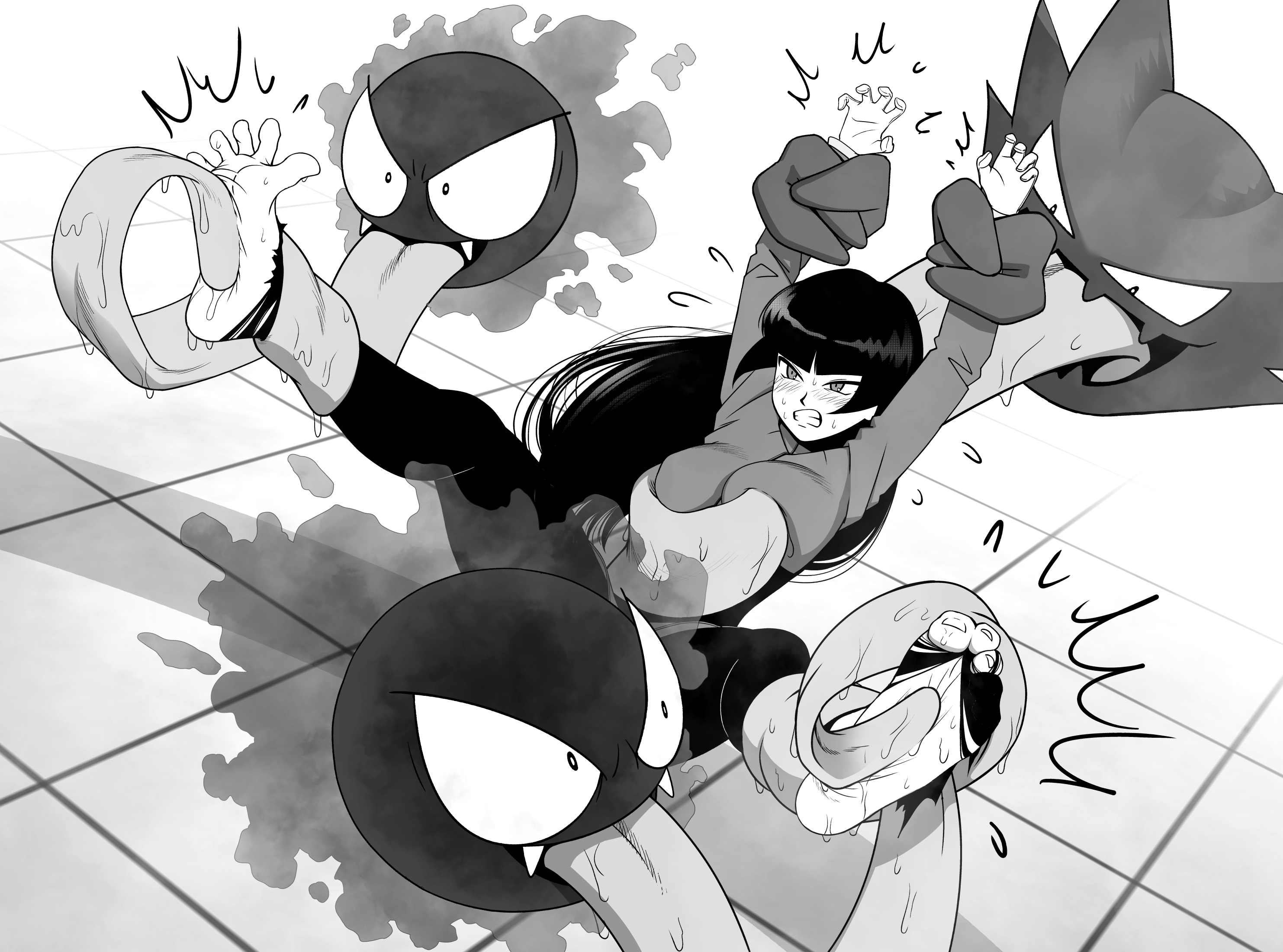 angry, angry expression, annoyed, annoyed expression, annoyed female, barefoot, black hair, blush, clothed, clothed female, feet, foot fetish, foot focus, foot lick, foot play, gastly, ghost, haunter, hime cut, kidetic, kusujinn, large breasts, large tongue, leggings, natsume (pokemon), pokemon, pokemon (species), pokemon frlg, pokemon rgby, restrained, restrained arms, restrained female, restrained legs, sabrina (pokemon), saliva, scrunched toes, soles, sweaty, sweaty feet, toe spread, toes, tongue, torn boots, torn footwear, torn leggings, torn legwear
