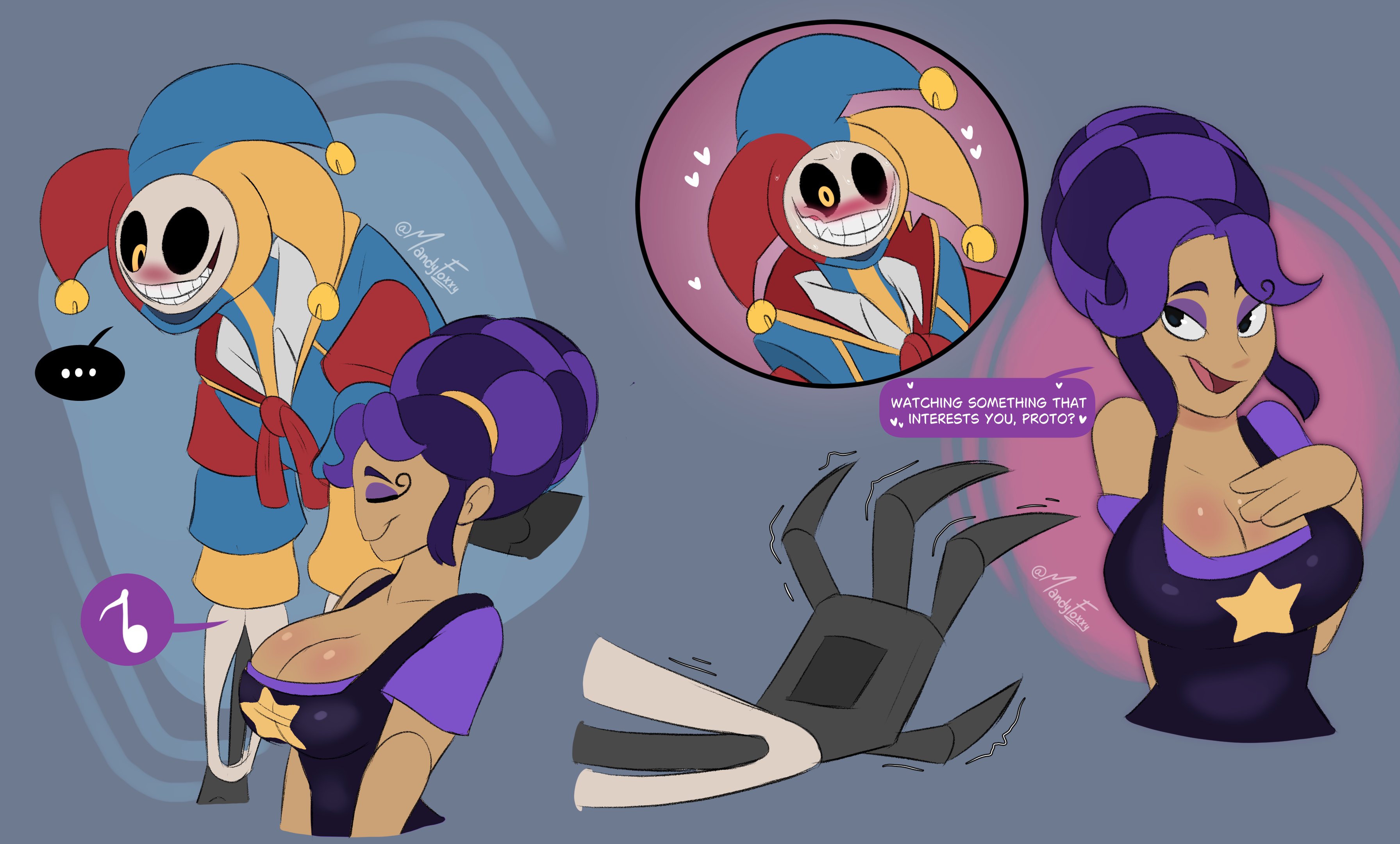 2d, 2d (artwork), 2d artwork, blush, blush lines, blushing, blushing female, cleavage, doll, duo, female, flirting, jester, lily lovebraids, living doll, male, mandyfoxy, poppy playtime, poppy playtime (chapter 5), prototype (poppy playtime), robot, taller male, taller man, the prototype (poppy playtime), video game character, video game franchise, video games