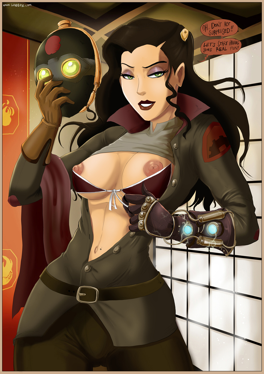 1girls, asami sato, avatar legends, bra, breasts, clothing, comic, corruption, english text, equalist, eyeshadow, female, female only, hourglass figure, human, lipstick, makeup, medium breasts, nonbender, pinup, shadman, smooth skin, solo, speech bubble, text, the legend of korra