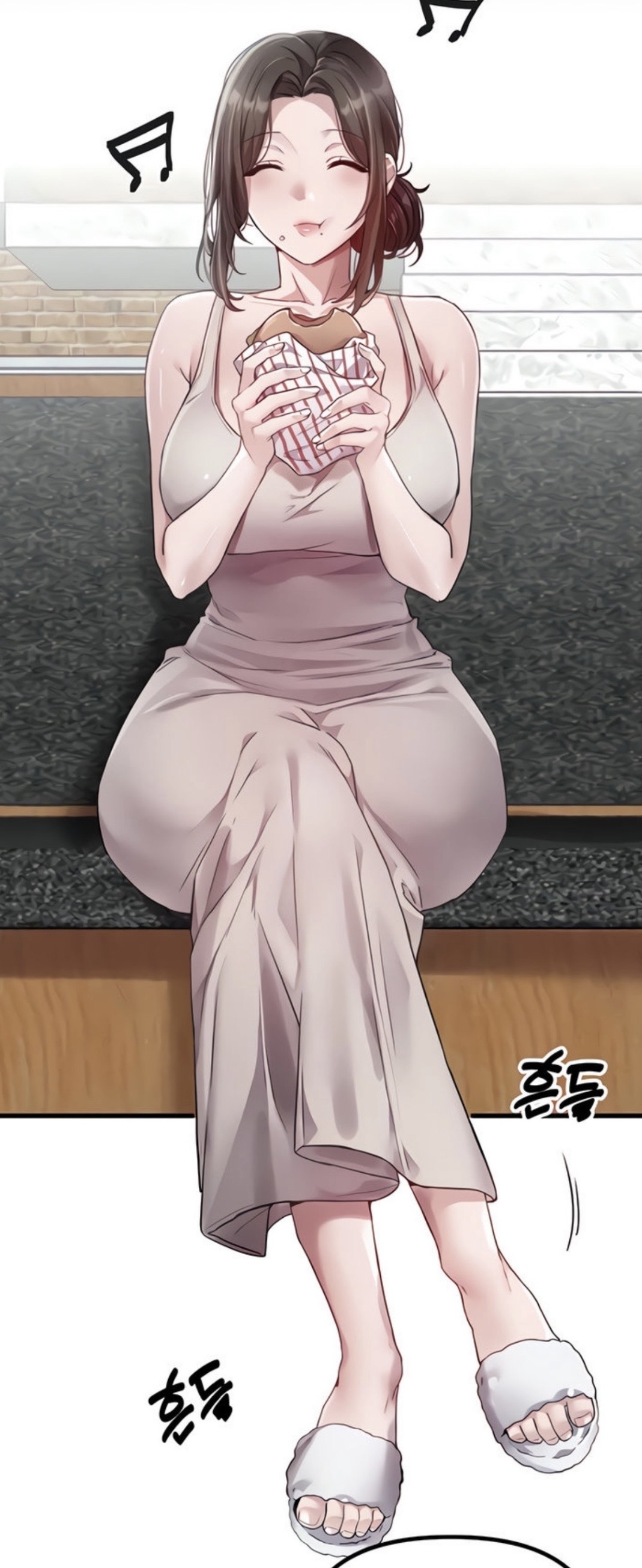 attractive female, closed eyes, eating burger, eating food, feet, large breasts, pretty girl, sandals, thick thighs, webtoon