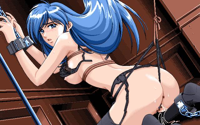 90s ace_of_spades_(game) black_panties black_thighhighs blue_eyes blue_hair bondage bra bra_lift casino censored chains dithering game_cg garter_belt lingerie long_hair love_gun_(company) panty_pull thighhighs