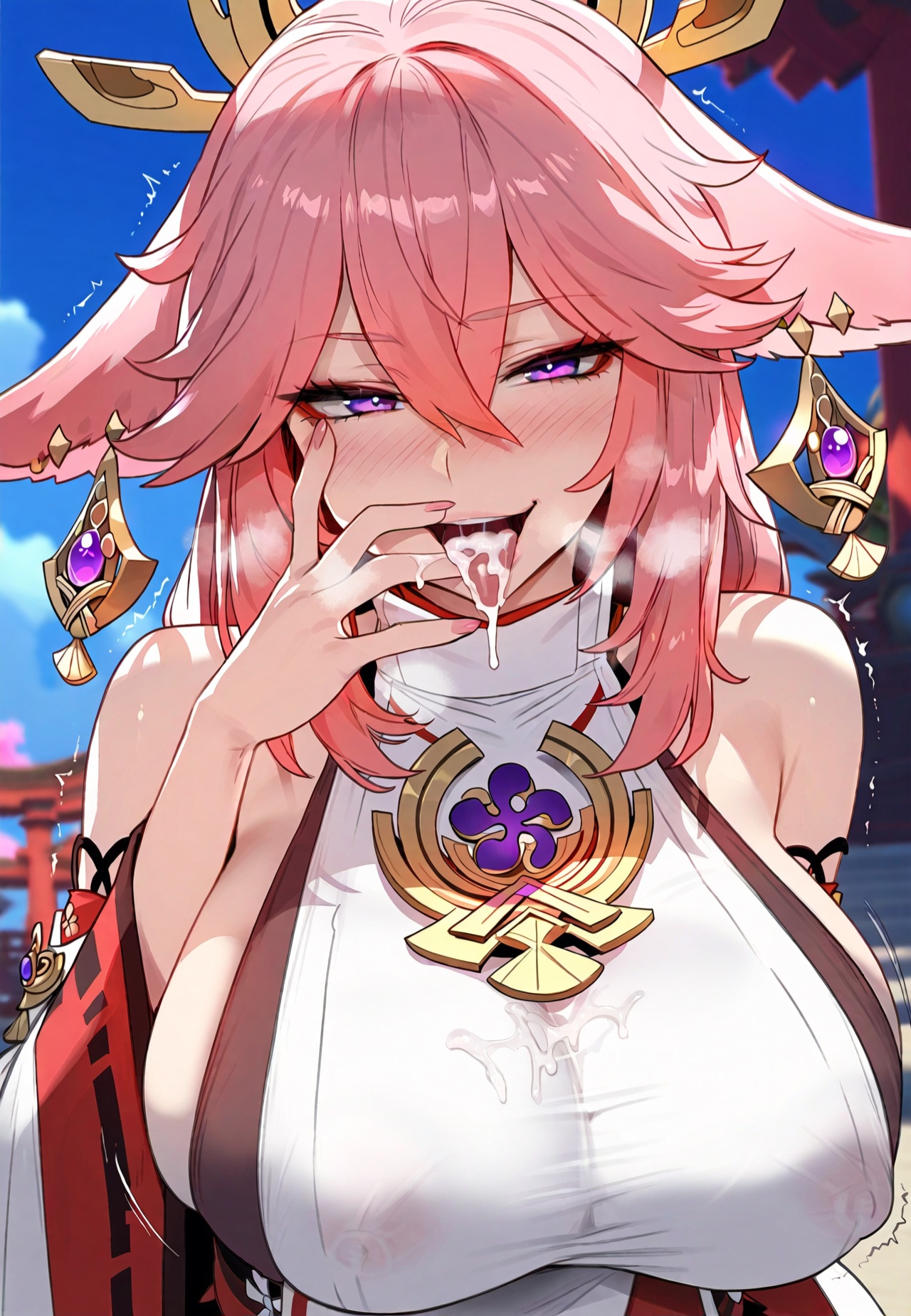 1girls, after fellatio, after oral, after orgasm, ai generated, big breasts, blush, cum in mouth, cum on breasts, cum on tongue, erect nipples, female, female focus, female only, floox, fuck me eyes, genshin impact, huge breasts, imminent sex, kitsune, large breasts, nipples visible through clothing, seductive, seductive look, shrine maiden, tongue out, yae miko
