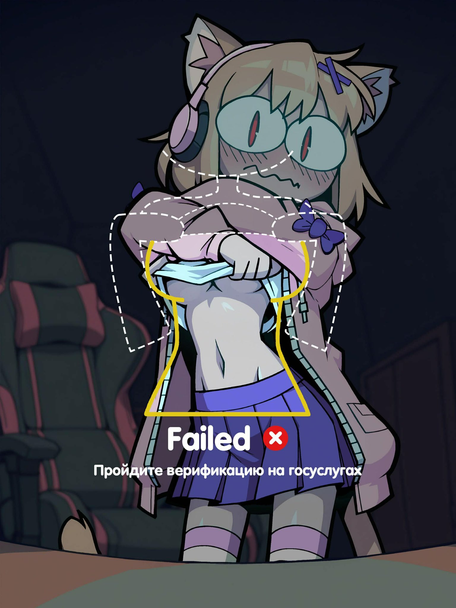1girls, animal ear fluff, animal ears, artist request, biometric verification, blonde hair, blue bow, blue skirt, blush, bow, breasts, cat ears, cat girl, cat tail, chair, clothes lift, clothing, color, cowboy shot, english text, fake screenshot, female, gameplay mechanics, gaming chair, hair ornament, headphones, indoors, jacket, lewd security verification, lifted by self, looking at viewer, medium breasts, melty blood, meme, navel, neco-arc, no bra, office chair, open clothes, pink jacket, pleated skirt, purple bow, red eyes, russian text, shirt, shirt lift, short hair, skirt, solo, striped thighhighs, swivel chair, tail, thighhighs, trend, twitter link, underboob, undressing, user interface, verification, wavy mouth, white shirt, x hair ornament