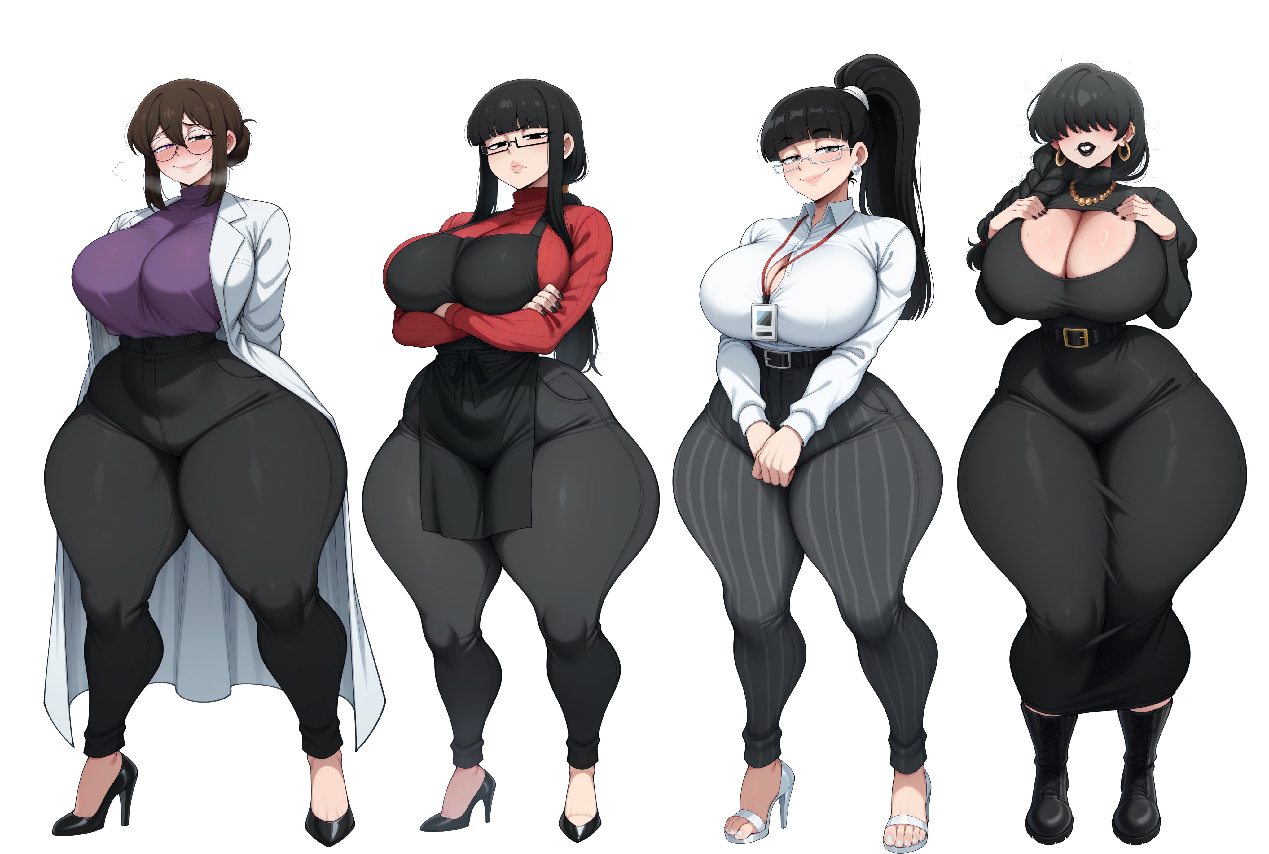 2025, 4girls, ai generated, apron, arms behind back, big breasts, black eye, black eyes, black hair, blush, boob window, brown hair, candela (memch0), child bearing hips, cleavage, crossed arms, doctor, dress, earrings, el memc, female, female only, glasses, goth, goth girl, grey eyes, heterochromia, horny, horny female, huge breasts, hyper breasts, imminent sex, labcoat, looking at viewer, looking pleasured, melina (memch0), memch0, milf, mommy, mother, musk, musk clouds, oc, office clothing, office lady, original, original character, piercings, pink eye, ponytail, posing, posing for the viewer, sofia (memch0), sweat, sweatdrop, sweating, sweaty, thick thighs, thunder thighs, tight clothing, tight dress, zoe (memch0)