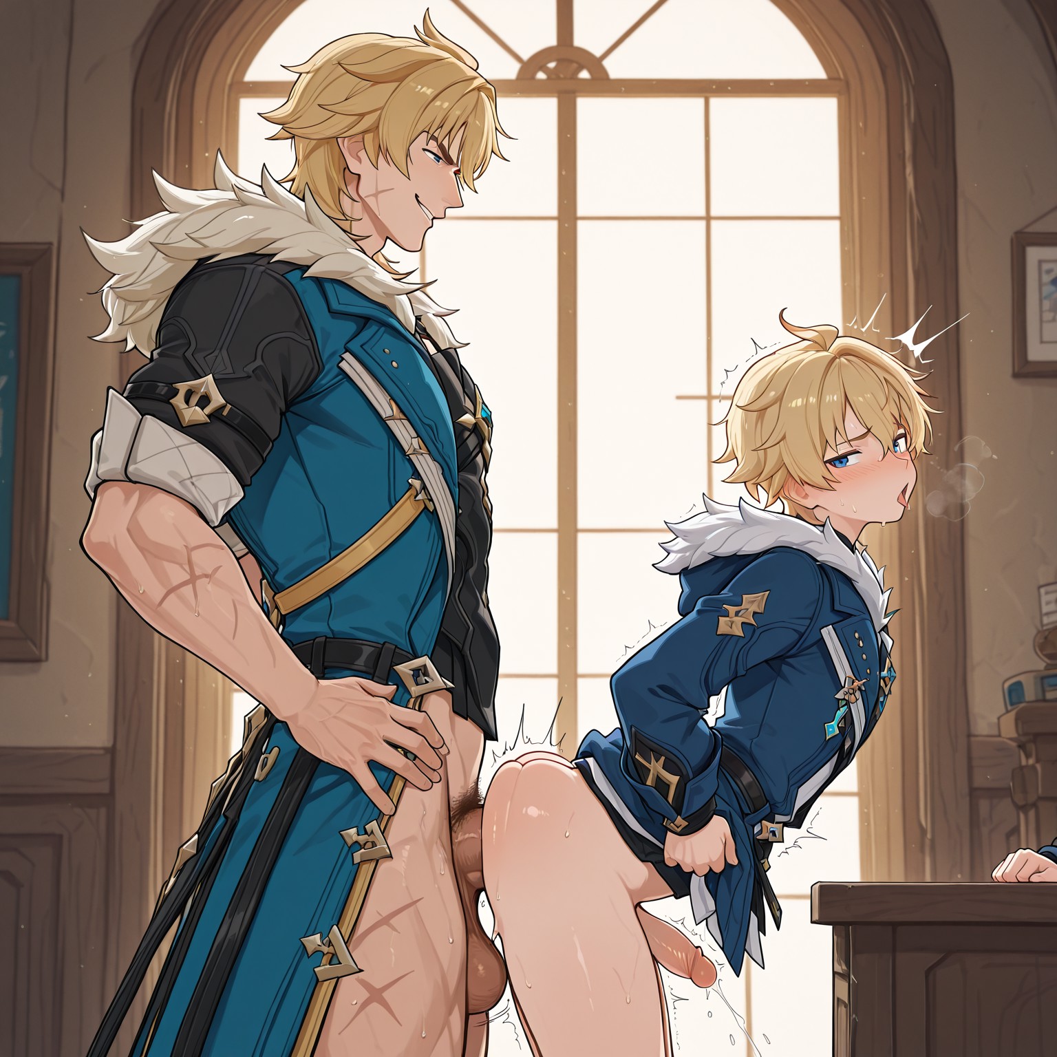 age difference, age gap, ai generated, dilf, gay, genshin impact, male, male only, mika (genshin impact), penetration, sex, size difference, teenager, twink, varka (genshin impact)