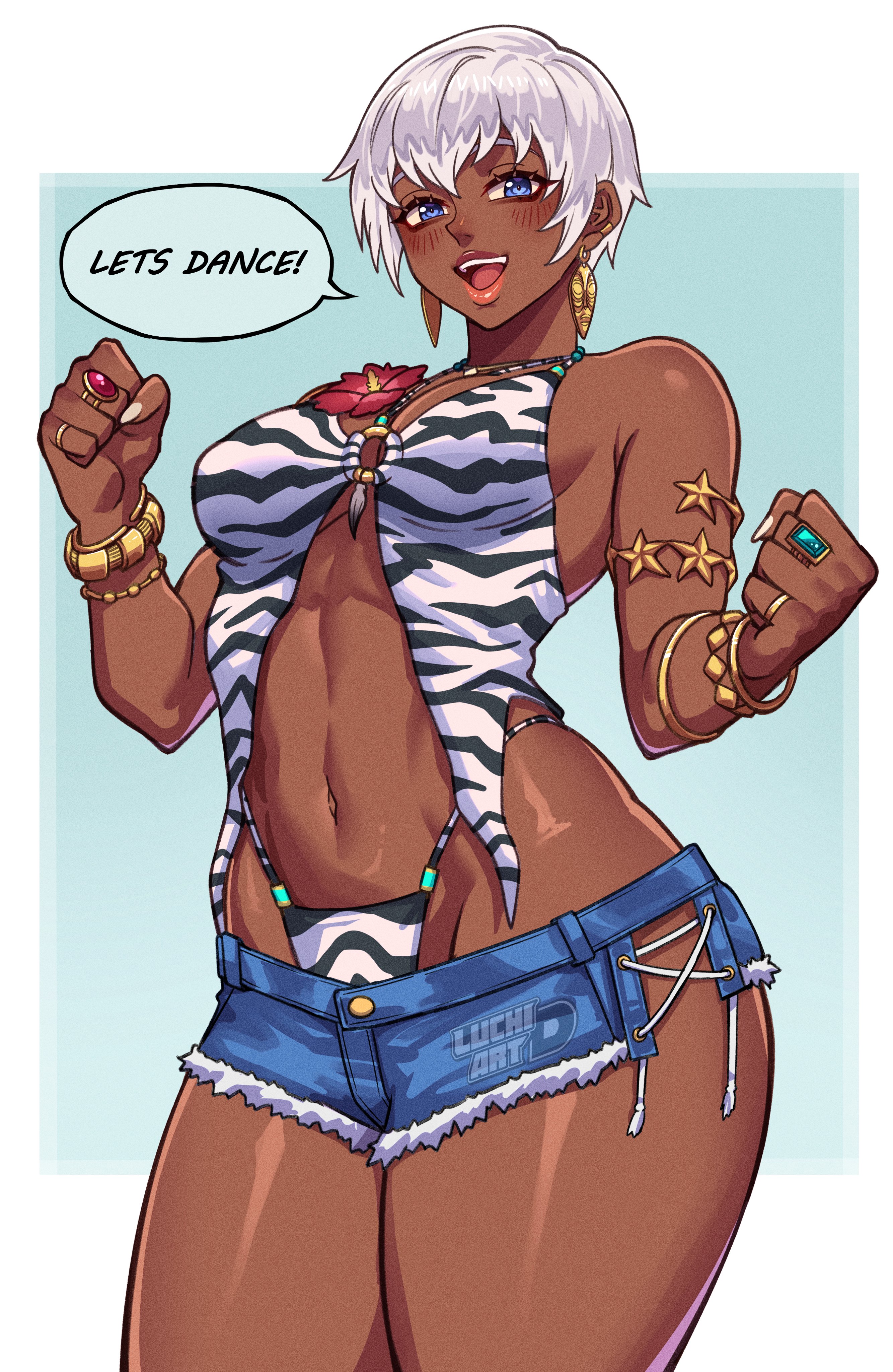 absurdres, animal print, armlet, bikini, bikini under clothes, bracelet, breasts, cleavage, dark skin, dark-skinned female, denim, denim shorts, elena (street fighter), female, female only, highres, jewelry, large breasts, looking at viewer, luchidart, micro shorts, multiple bracelets, official alternate costume, short hair, shorts, solo, speech bubble, street fighter, street fighter 6, swimsuit, thighs, toned, toned female, very short hair, white hair, zebra print