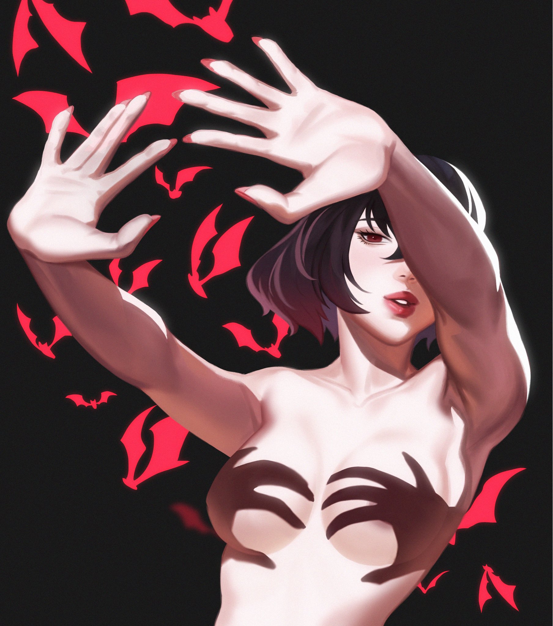 1girls, areola, areolae, armpits, arms up, black hair, blush, blushing, breasts, comfysofa, completely nude, completely nude female, deadlock, female, female only, hands casting shadow, meme, mina (deadlock), mina ha, nude, nude female, petite, red eyes, short hair, slim waist, small breasts, solo, solo female, valve, vampire, vampire girl