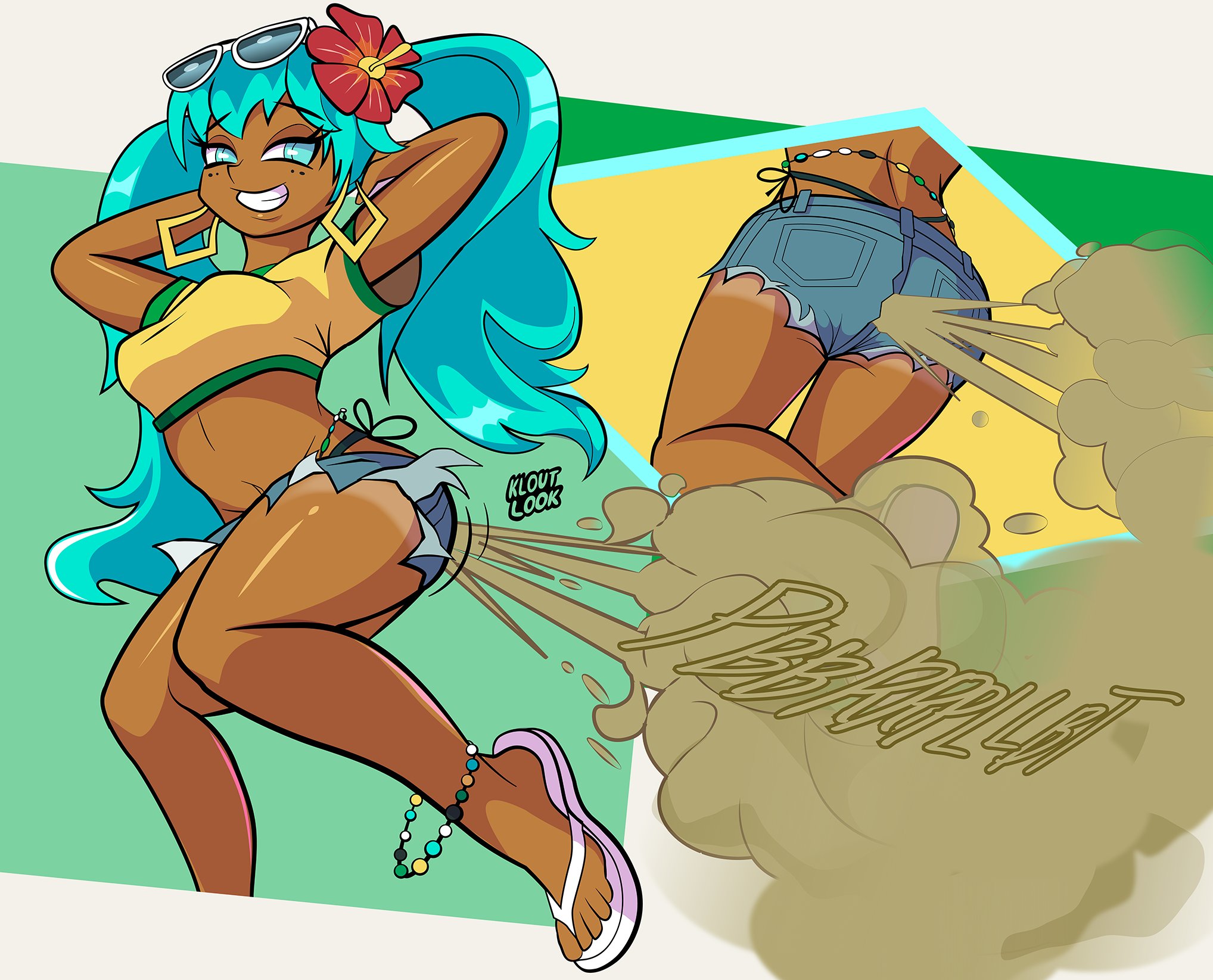 1girl, 1girls, anklet, aqua eyes, aqua hair, arms behind head, arms up, ass, big ass, bikini, booty shorts, brazilian miku, breasts, crop top, cutoffs, dark skin, dark-skinned female, denim, denim shorts, earrings, eyewear on head, fart, fart cloud, fart fetish, flower, grin, hair flower, hair ornament, hatsune miku, hoop earrings, jewelry, kloutlook, long hair, looking at viewer, midriff, mole, mole under eye, multiple views, navel, sandals, shirt, short shorts, shorts, signature, smile, solo, sunglasses, swimsuit, tagme, tan, tanlines, toes, twintails, vocaloid