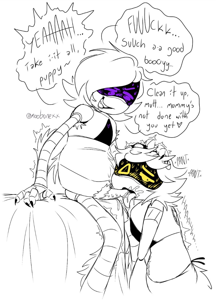 alternate body type, body hair, chubby, chubby female, cum, cum in mouth, degradation text, dominant female, dommy mommy, face fucking, futa on male, futadom, futanari, girl cock, male sucking futa, murder drones, n (murder drones), overweight, puppy, purple eyes, robot, robot boy, robot girl, small penis, submissive male, uzi (murder drones), uzi fucks n, yellow eyes