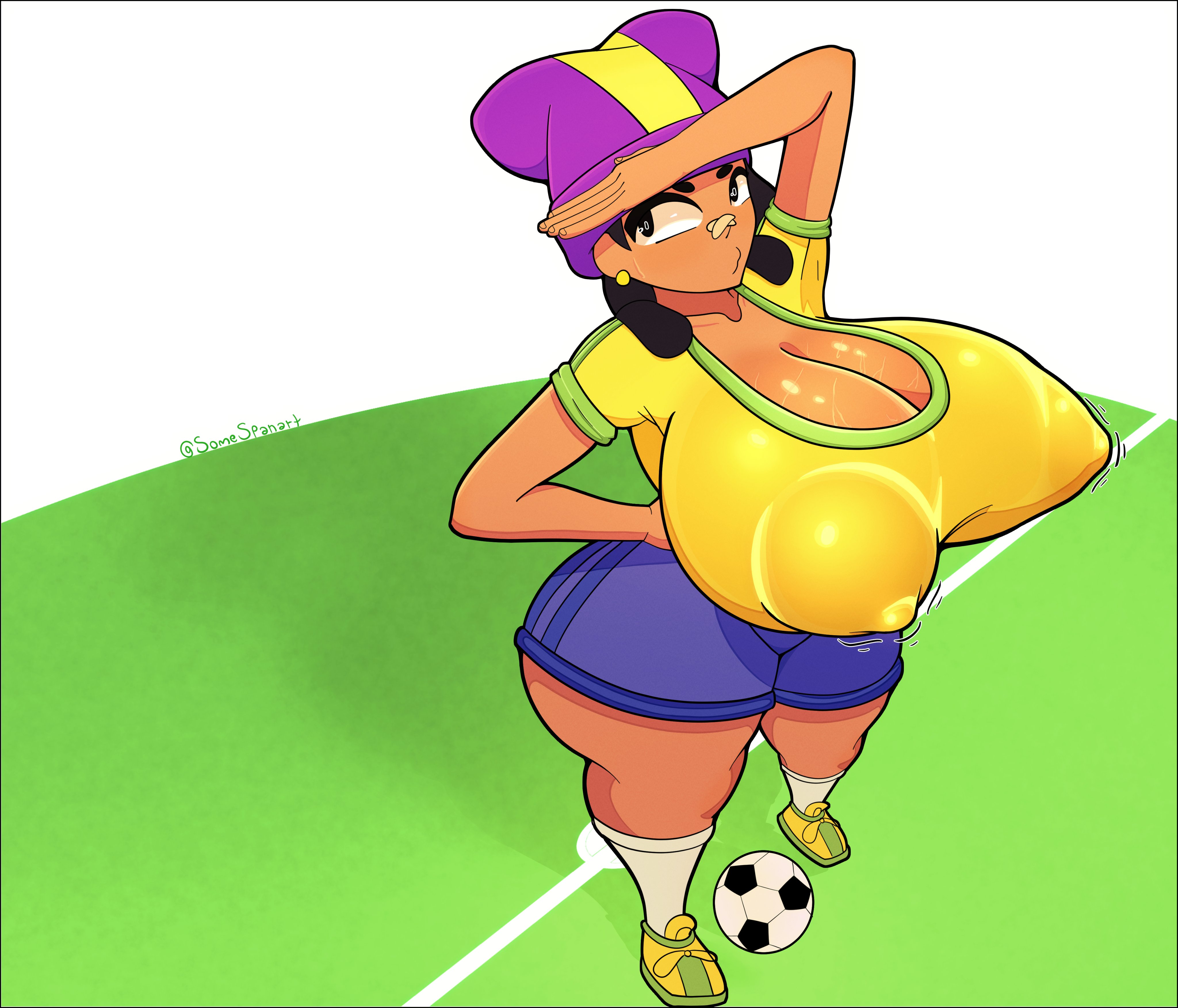 1female, 1girls, 1human, 2 eyes, 2d, 2d (artwork), 2d artwork, 5 fingers, action lines, ankle socks, areola, areola bulge, areolae, areolae bulge, arm up, artist name, artist watermark, ass, background, bandage, bandage on face, bandage on nose, bare hands, bean eyebrows, beanie, beanie hat, big ass, black eyebrows, black eyes, black hair, black hair female, blue shorts, brawl stars, brazilian, brazilian female, breasts, cleavage, digital art, digital drawing, digital drawing (artwork), digital media, digital media (artwork), earrings, ears, eyebrows, eyelashes, eyes, female, female focus, female only, fingernails, fingers, football ball, footwear, girl, girl focus, green shoes, green sneakers, hair, hands, hat, headwear, human, human only, jiggle, jiggling, jiggling breasts, legs, legwear, lines, mina (brawl stars), nails, nipple bulge, nipples, nipples bulge, no sex, o3o, pose, posing, puckered lips, purple beanie, purple hat, purple headwear, salute, shaded, shiny, shiny skin, shirt, shoes, shoes on, short hair, short shorts, short sleeves, shorts, sleeves, sneakers, soccer ball, socks, solo, solo focus, somespanart, source request, sports ball, standing, supercell, supercell (company), tagme (source), tan skin, tan skinned female, thick eyebrows, thick thighs, thighs, video game, video game character, video games, watermark, white socks, wobble, wobbling breasts, yellow shirt