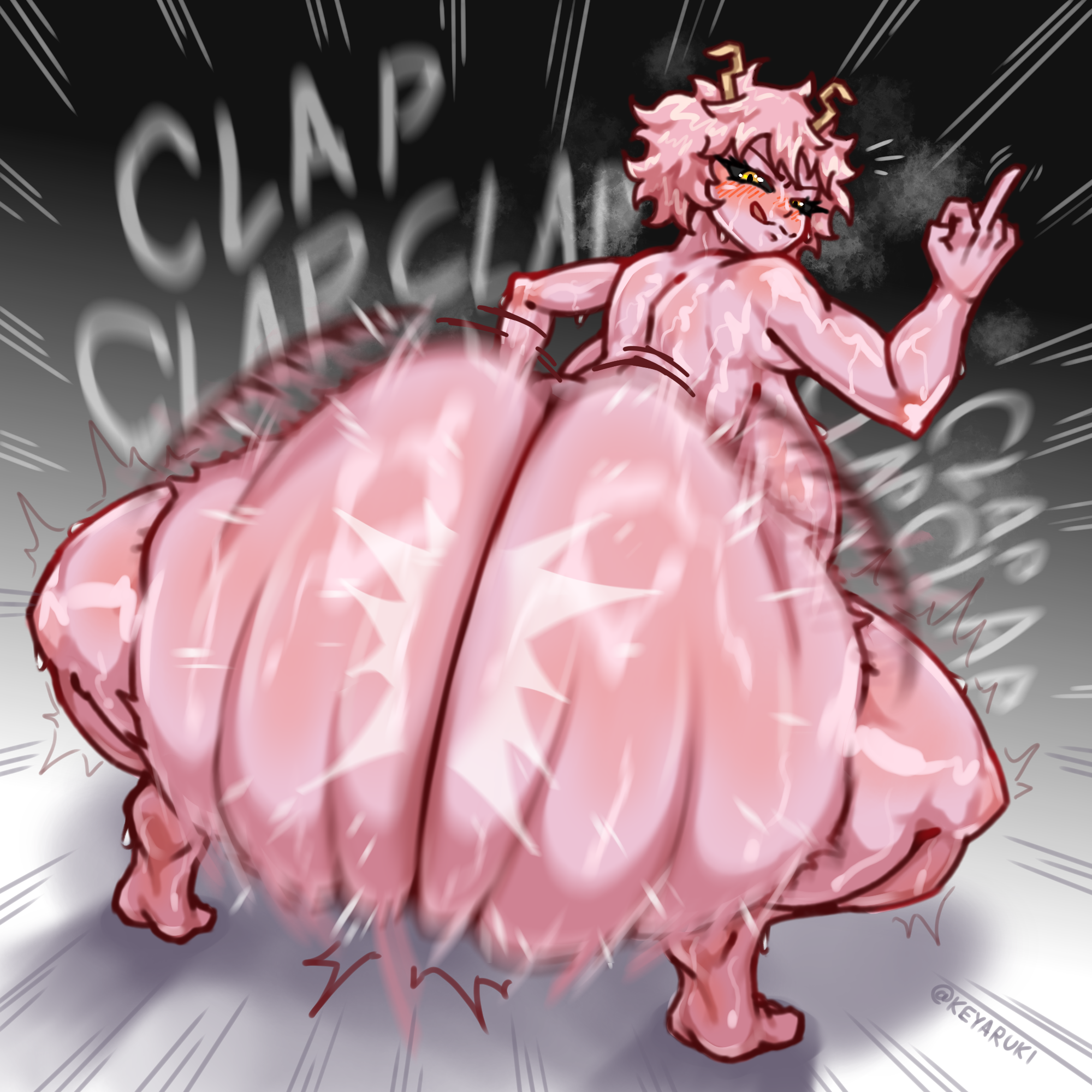 1girls, alien girl, ass waves, barefoot, boku no hero academia, clapping ass, clapping cheeks, completely nude, completely nude female, female, female only, full body, huge ass, keyaruki, looking at viewer, looking back, middle finger, mina ashido, my hero academia, naked, naked female, nude, nude female, pink hair, pink skin, smug, smug face, solo, solo female, squatting, teenager, twerking