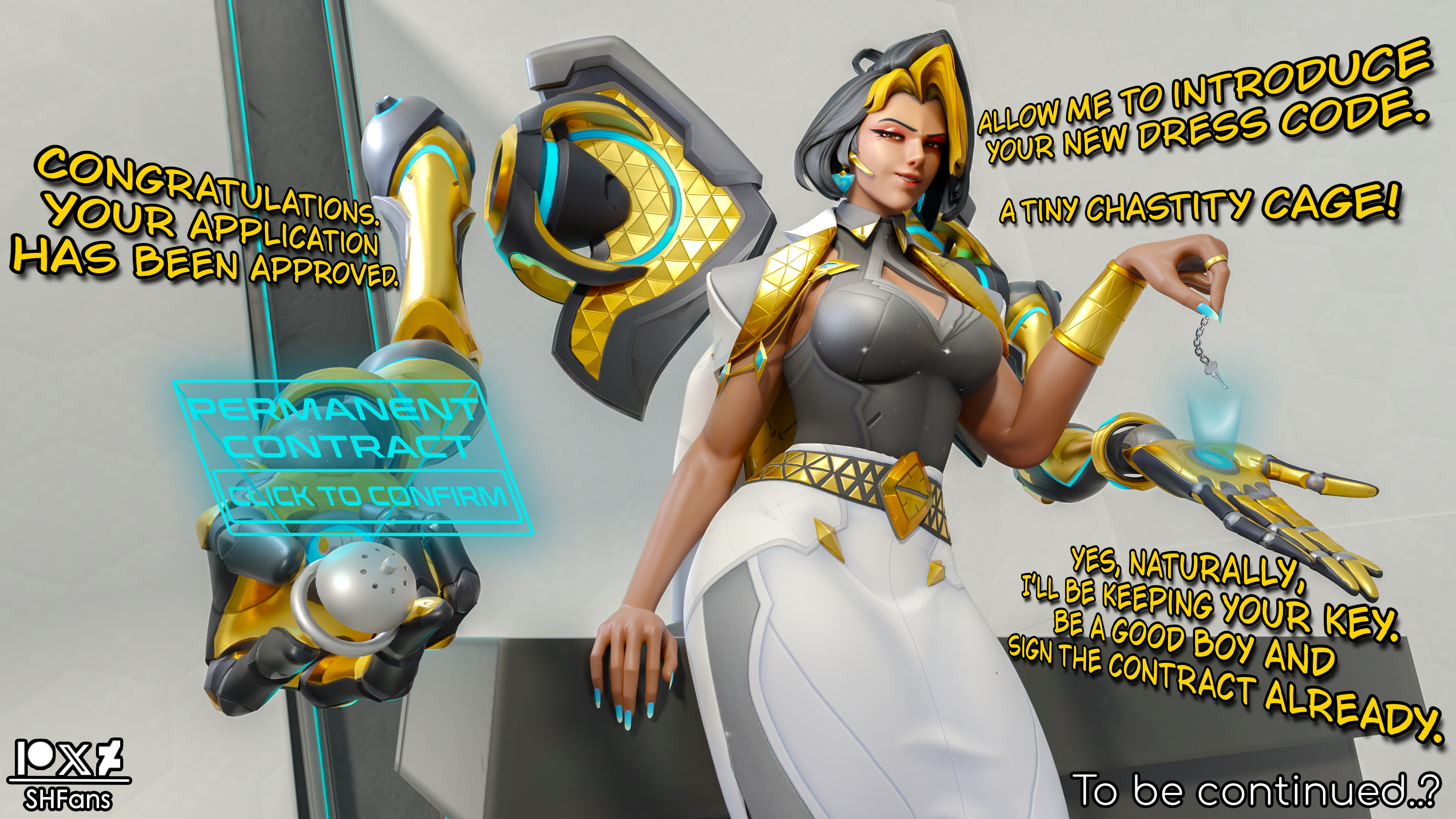 3d, 3d (artwork), 3d artwork, 3d render, black hair, blender (software), blizzard entertainment, brown eyes, chastity, chastity cage, chastity device, chastity key, comic, comic page, dark body, dark hair, dark skin, dark-skinned female, deviantart, deviantart link, deviantart url, deviantart username, domina, dominant, dominant female, domination, dominatrix, earrings, eye contact, female, female domination, female focus, female only, femdom, half-closed eyes, hologram, holographic interface, humiliation, insult, jewelry, job, job interview, makeup, mature female, mature woman, mechanical arm, mechanical arms, milf, office, office clothing, office lady, overwatch, overwatch 2, patreon, patreon exclusive, patreon link, patreon logo, patreon only post, patreon url, patreon username, playful, playful smile, robotic arm, robotic arms, shfans, short hair, simple background, smug, solo female, vaira singhania