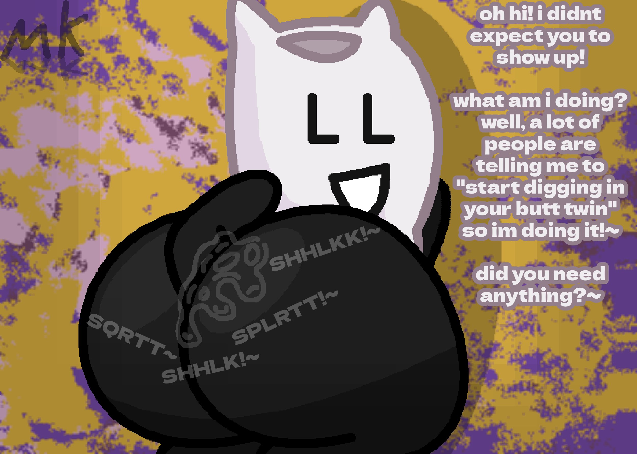 1girls, anus juice, arm in ass, ass, battle for dream island, bfdi, big ass, big ass (female), butt digging, digging up in they ass, female, fisting, fluid, fluid on ass, fluids, huge ass, huge ass (female), looking at viewer, looking back, looking back at viewer, marklimarko, object shows, onomatopoeia, pillow (bfdi), pov, sdiybt, start digging in yo butt twin, talking, talking to viewer, text, thick ass, thick thighs, thighs